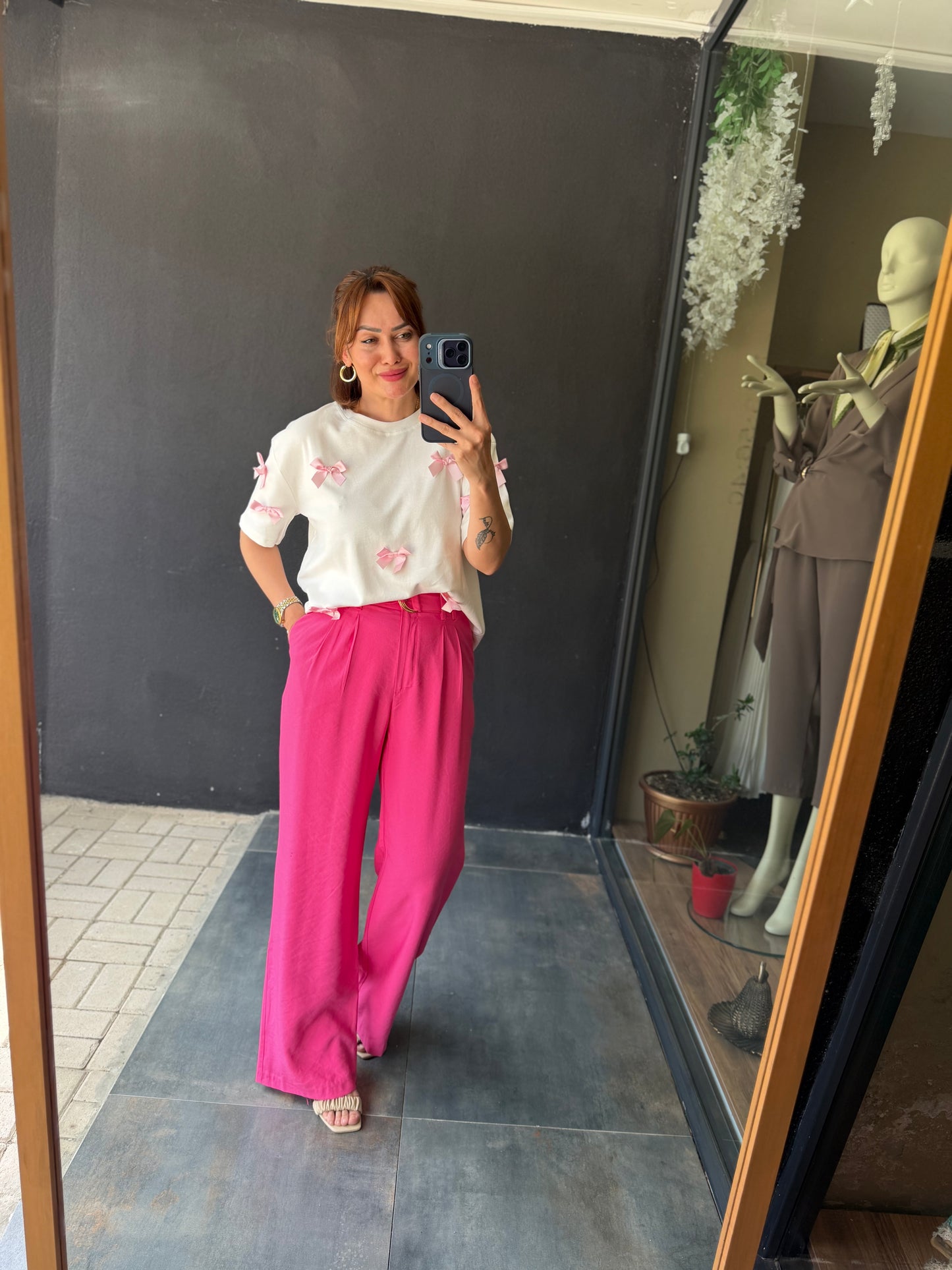 Pembe Palazzo Pantolon /Tshirt Kombin