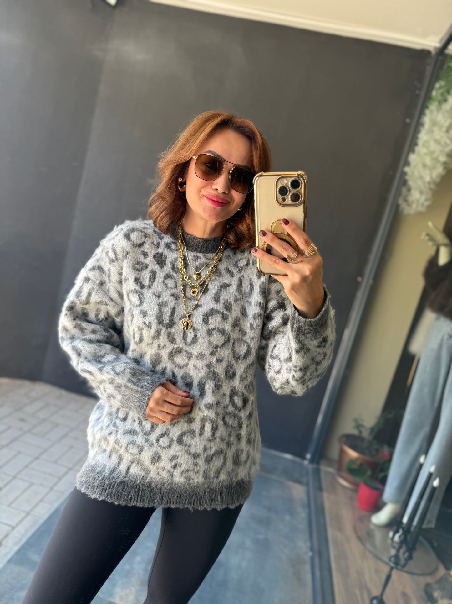 Ozi Gri Leopar Kaşmir Kazak