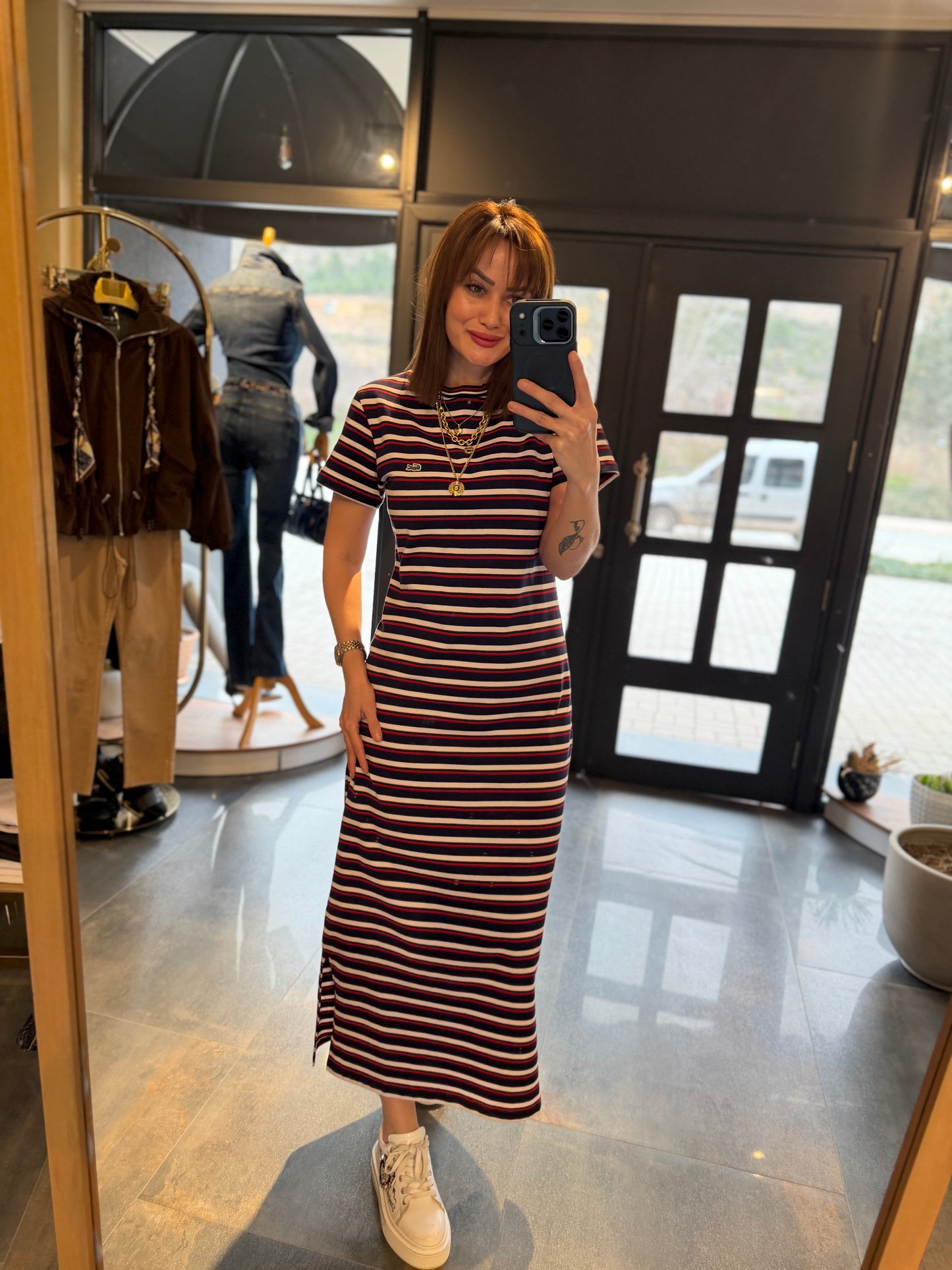 Oste Bordo Çizgili Elbise