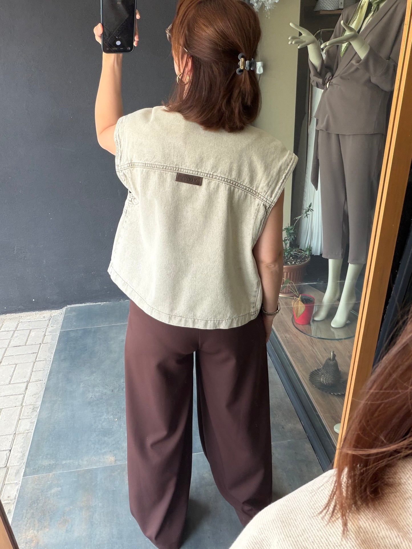 Taş Rengi Oversize Cepli Kadın Yelek