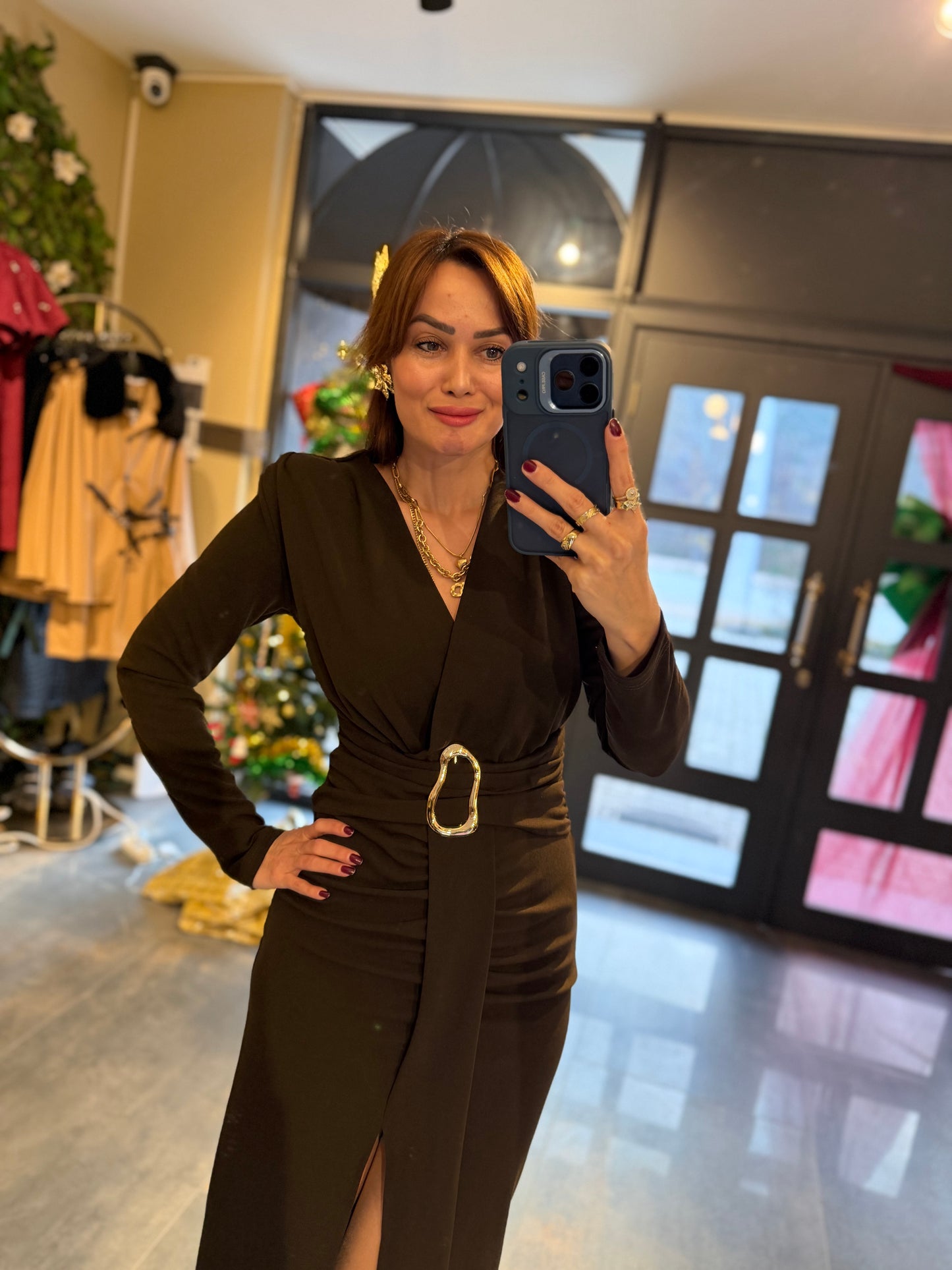 Alin Kahve Kemer Detaylı Korse Elbise