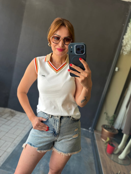 Yakalı Penye Beyaz T-Shirt
