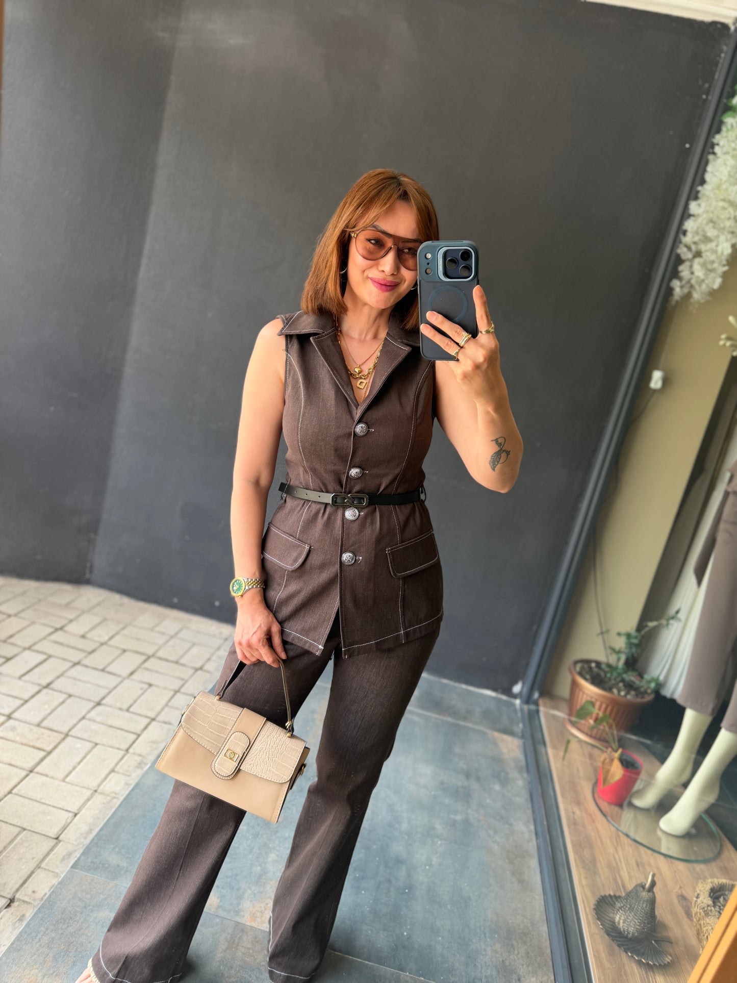 Kahve Kontrast Dikiş Yelek Pantolon Takım