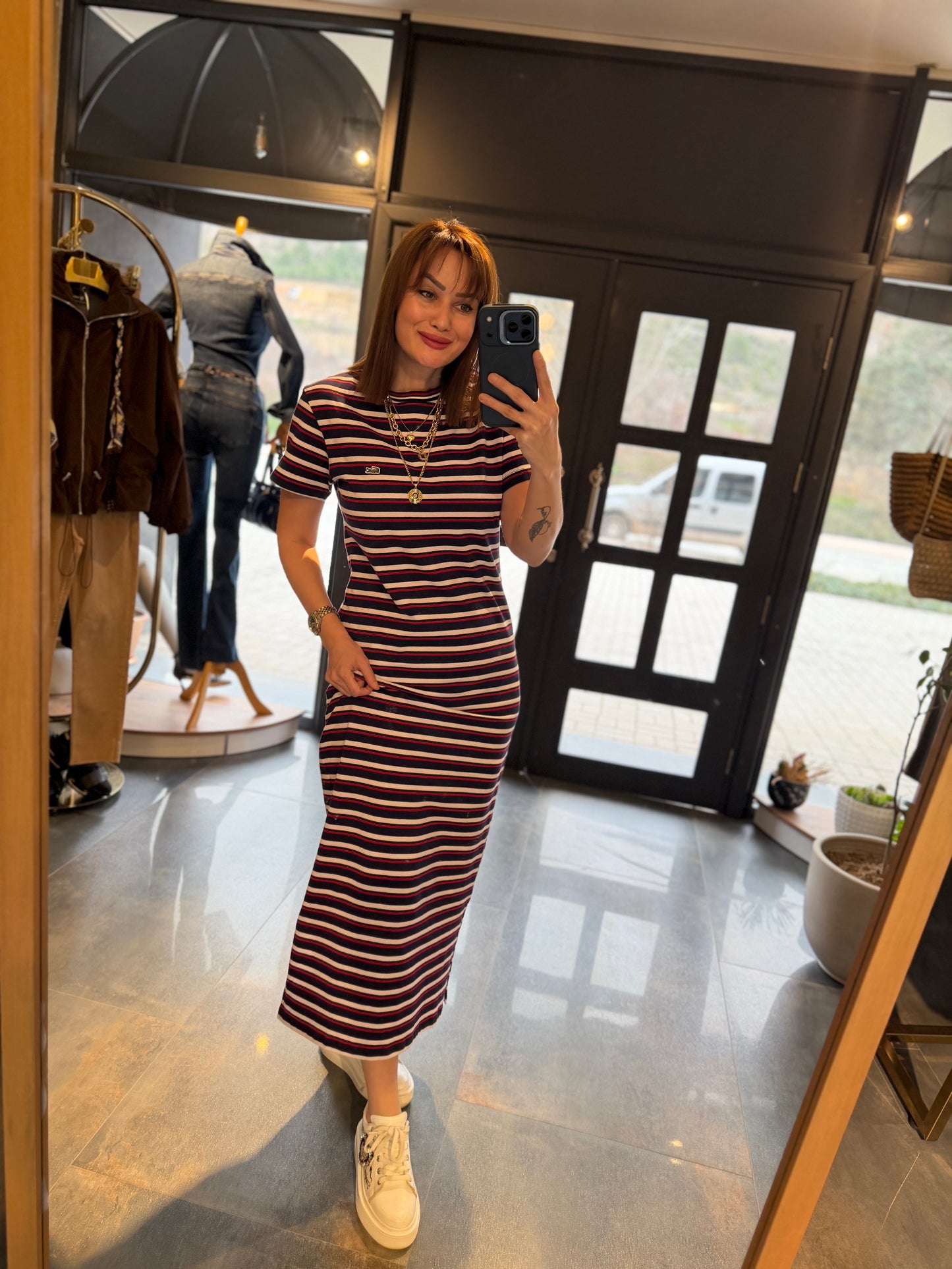 Oste Bordo Çizgili Elbise