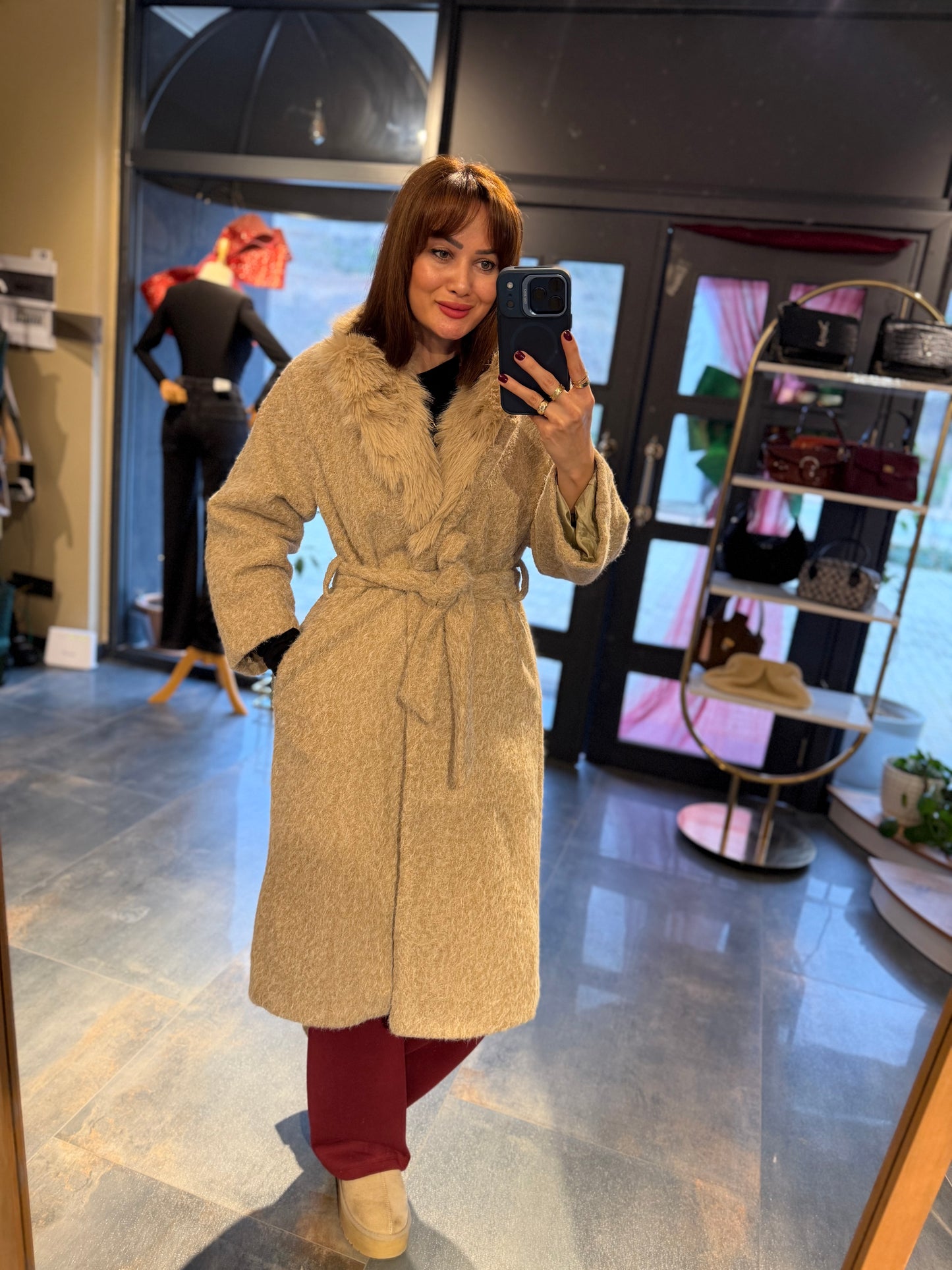 Fancy Bej Keçe Astarlı Mont