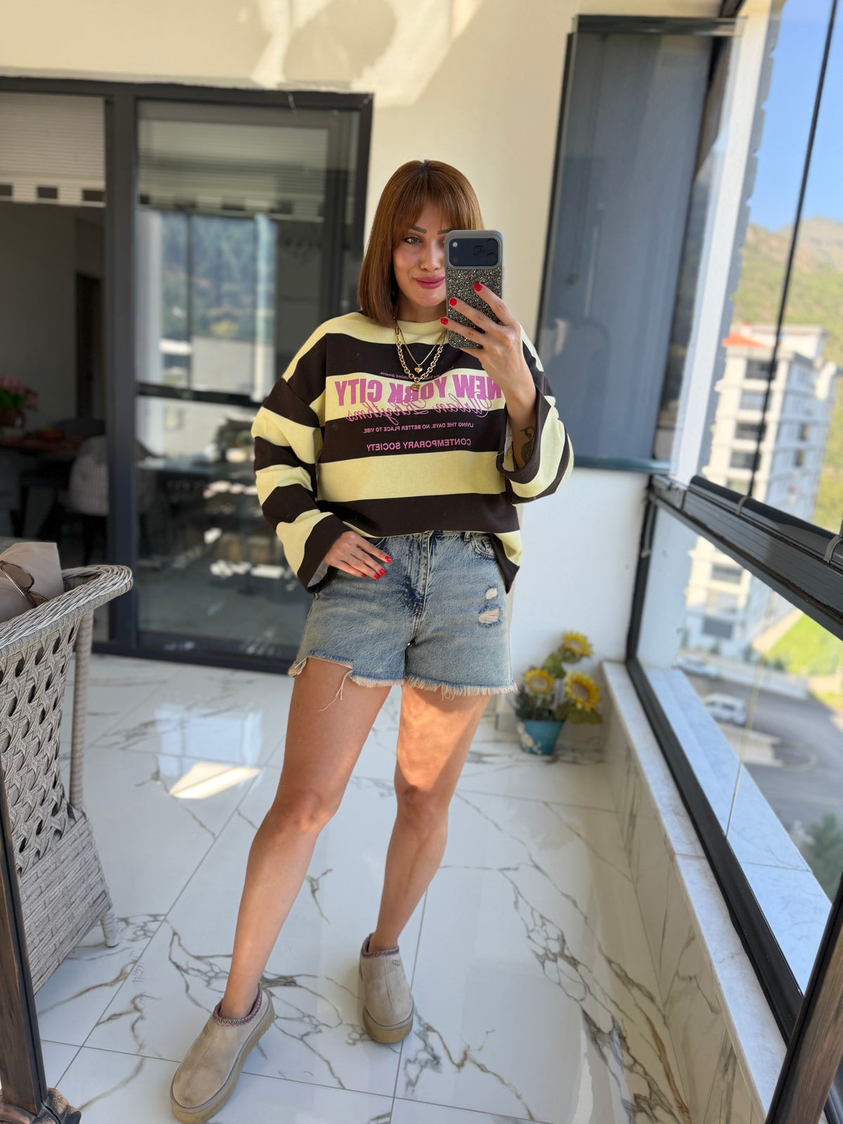Firesh Kahve Çizgili Basic Sweat