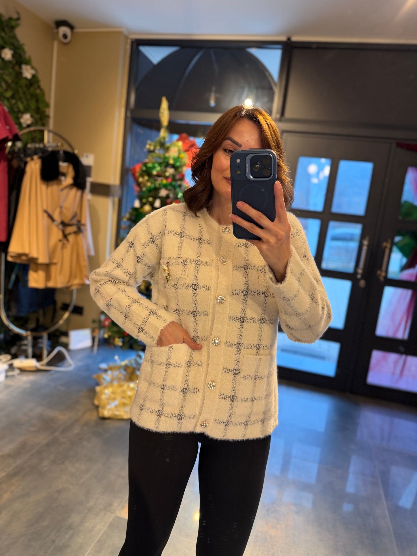 Estas Gri Kareli Kaşmir Hırka