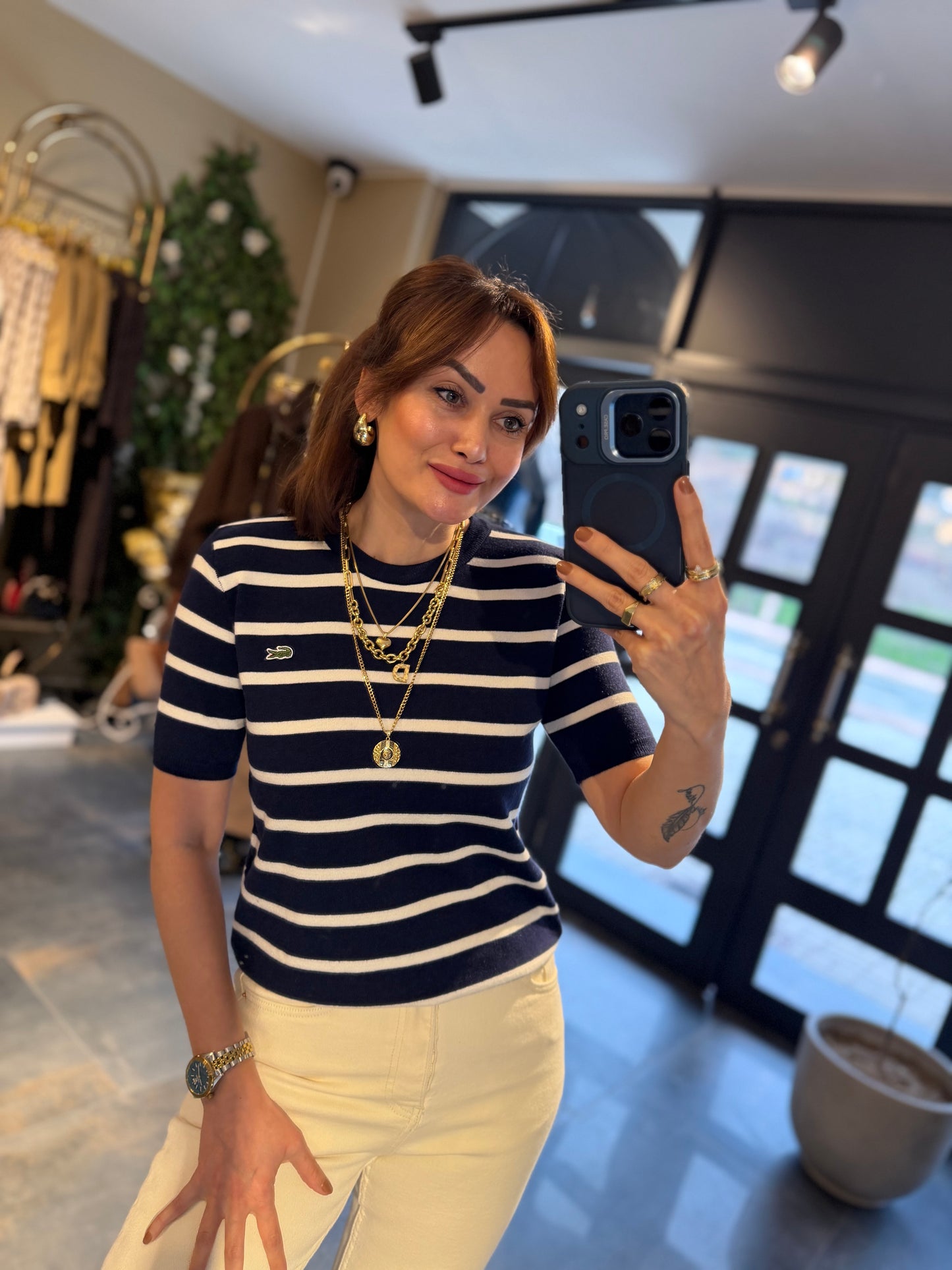 Misse Lacivert /Beyaz Triko Dokulu T-Shirt