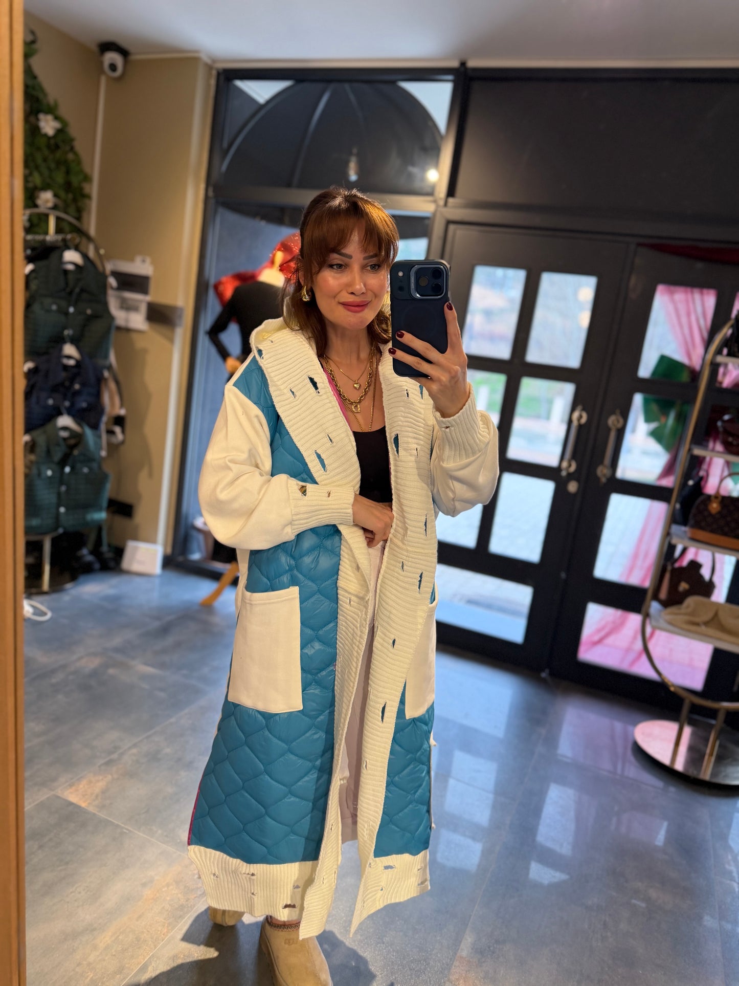 Linen Mavi Capitone Detay Hırka