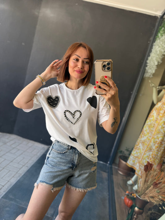 Bısou Siyah Kalp Desenli T-Shirt