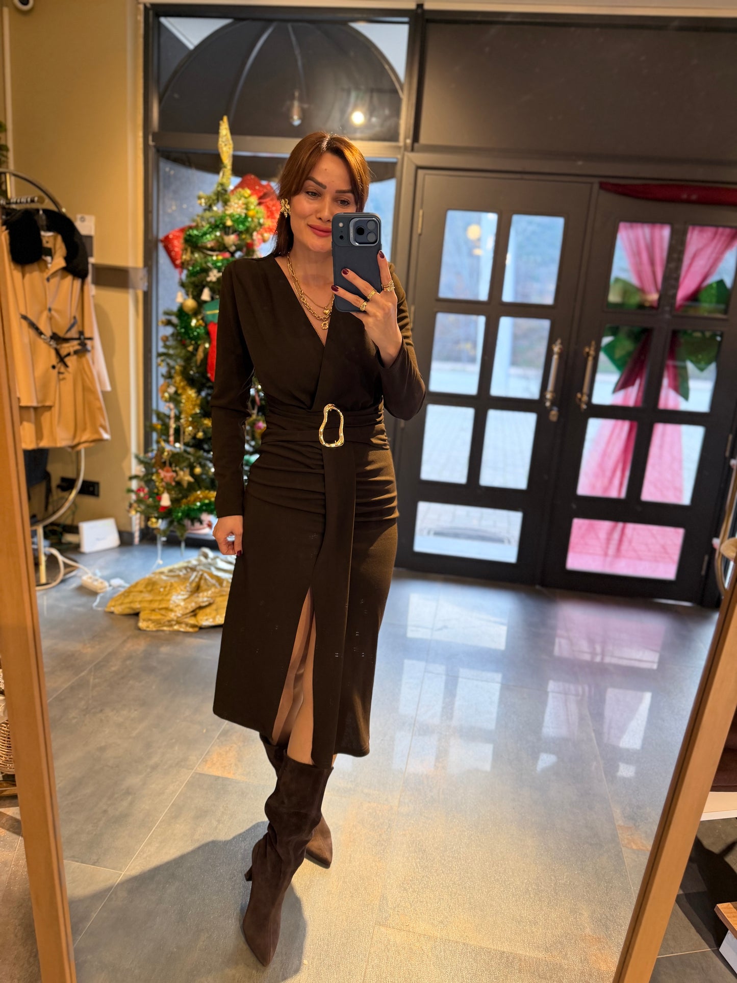 Alin Kahve Kemer Detaylı Korse Elbise