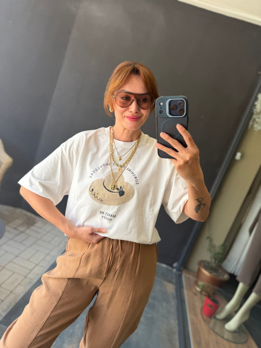 Camel Tensel Havuç Pantolon & T-Shirt Kombin