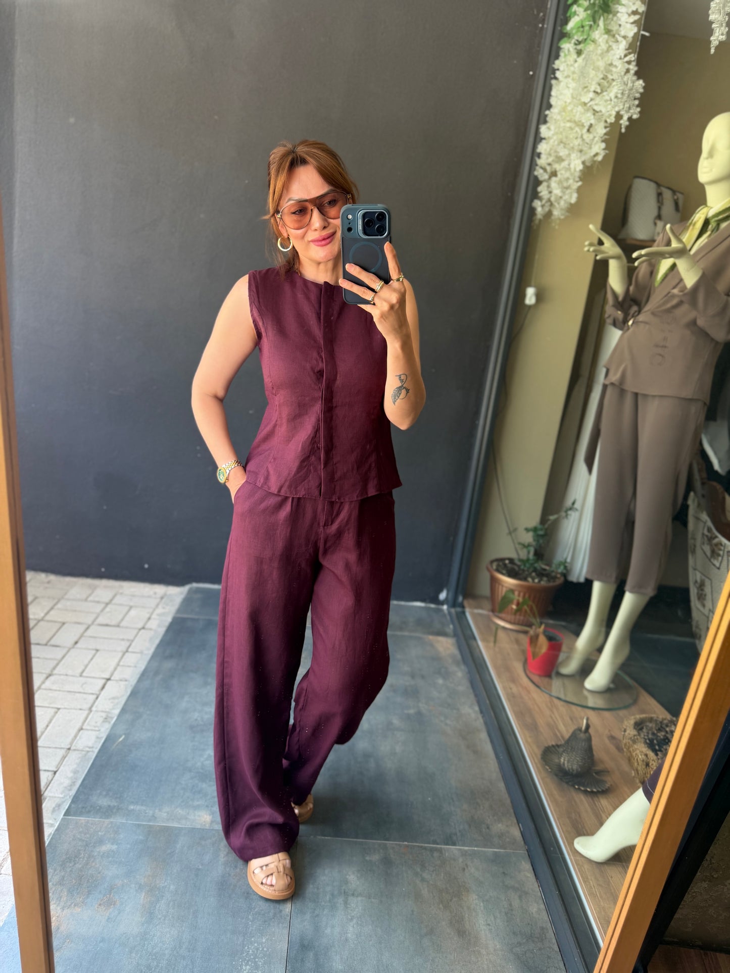 Bordo Premium Keten İkili Takım