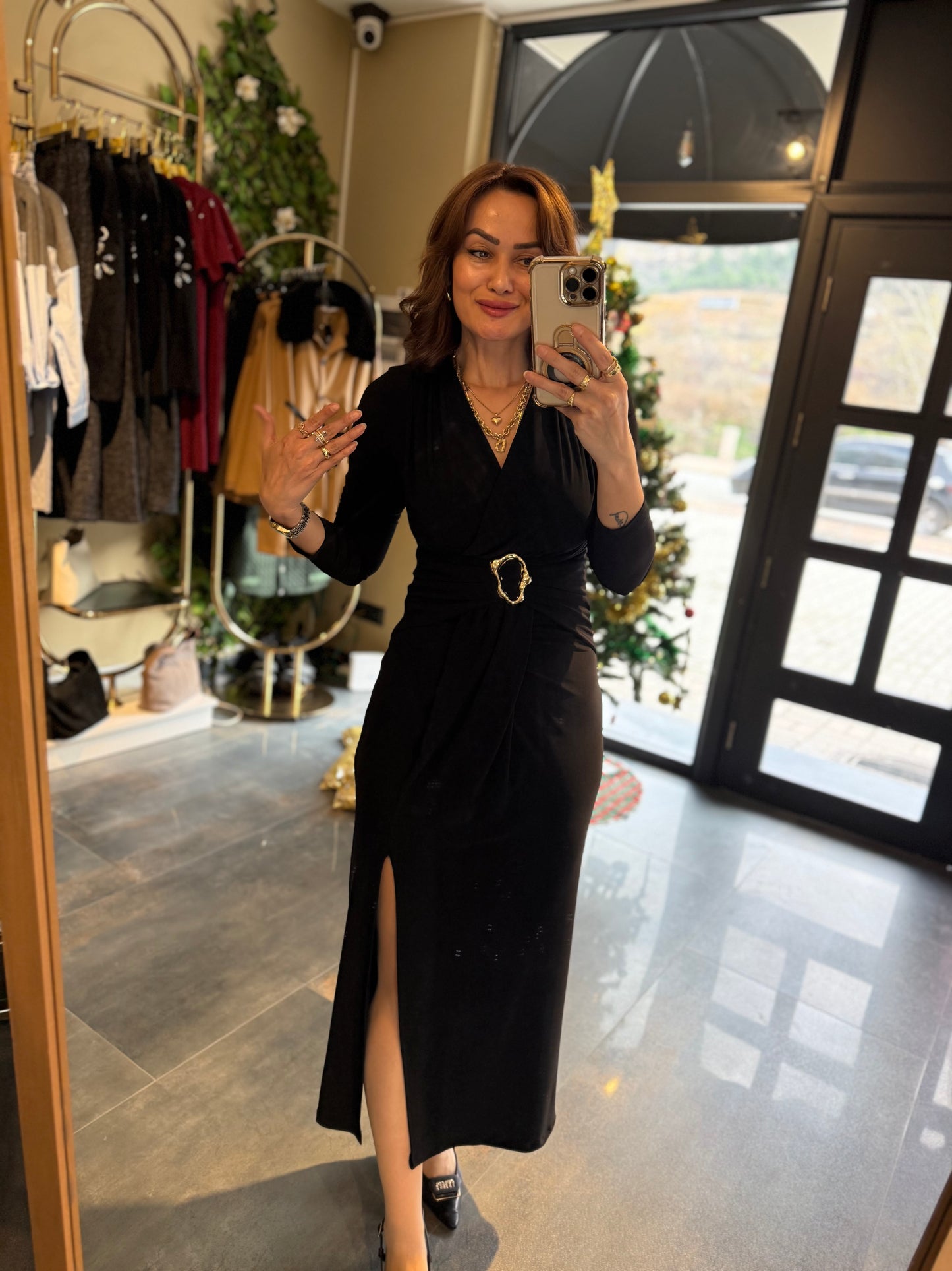 Nira Candy Kumaş Siyah Kemerli Elbise