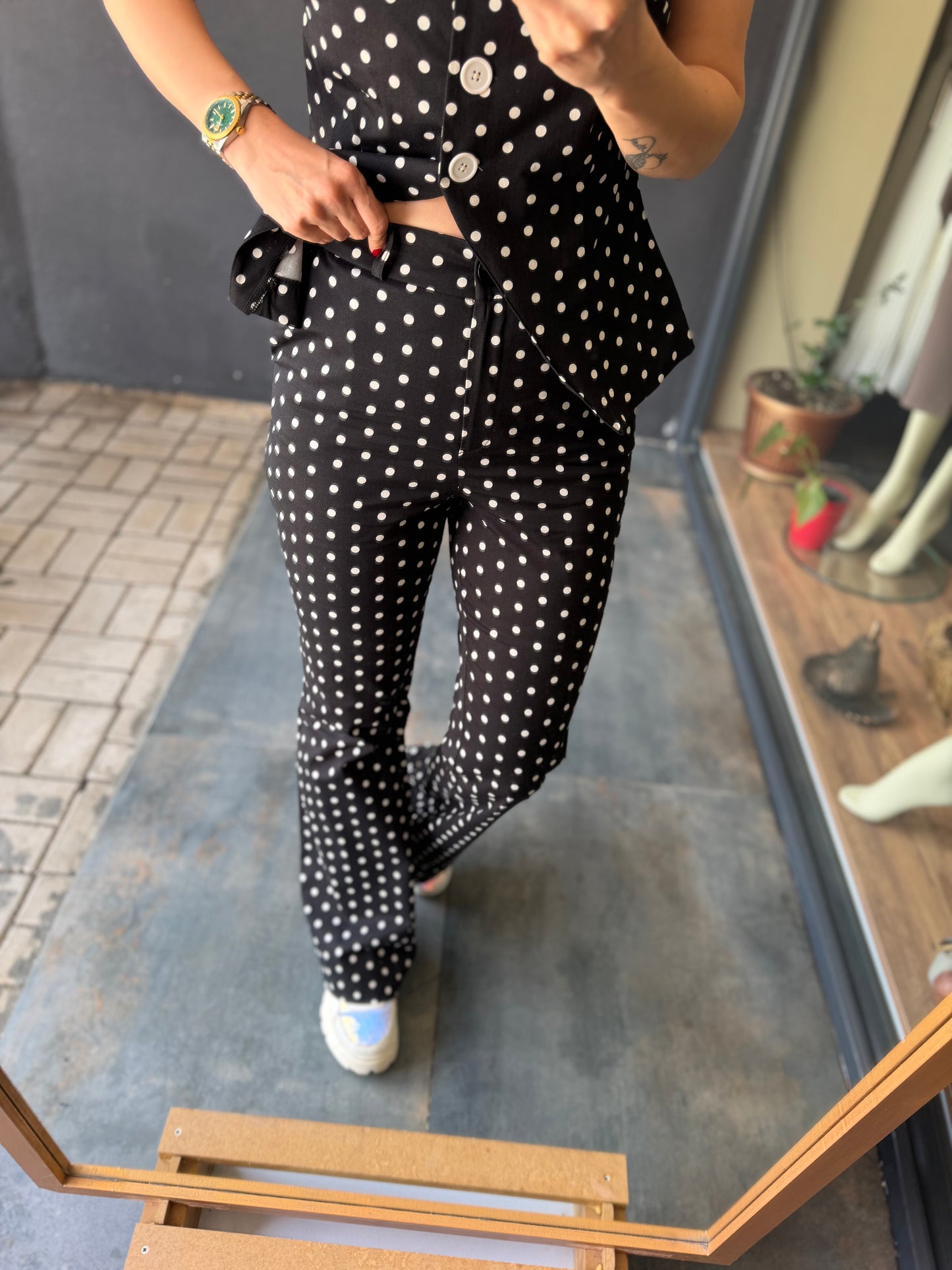 Siyah Puantiyeli Retro Pantolon Takımı