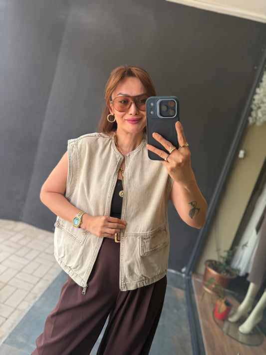 Taş Rengi Oversize Cepli Kadın Yelek