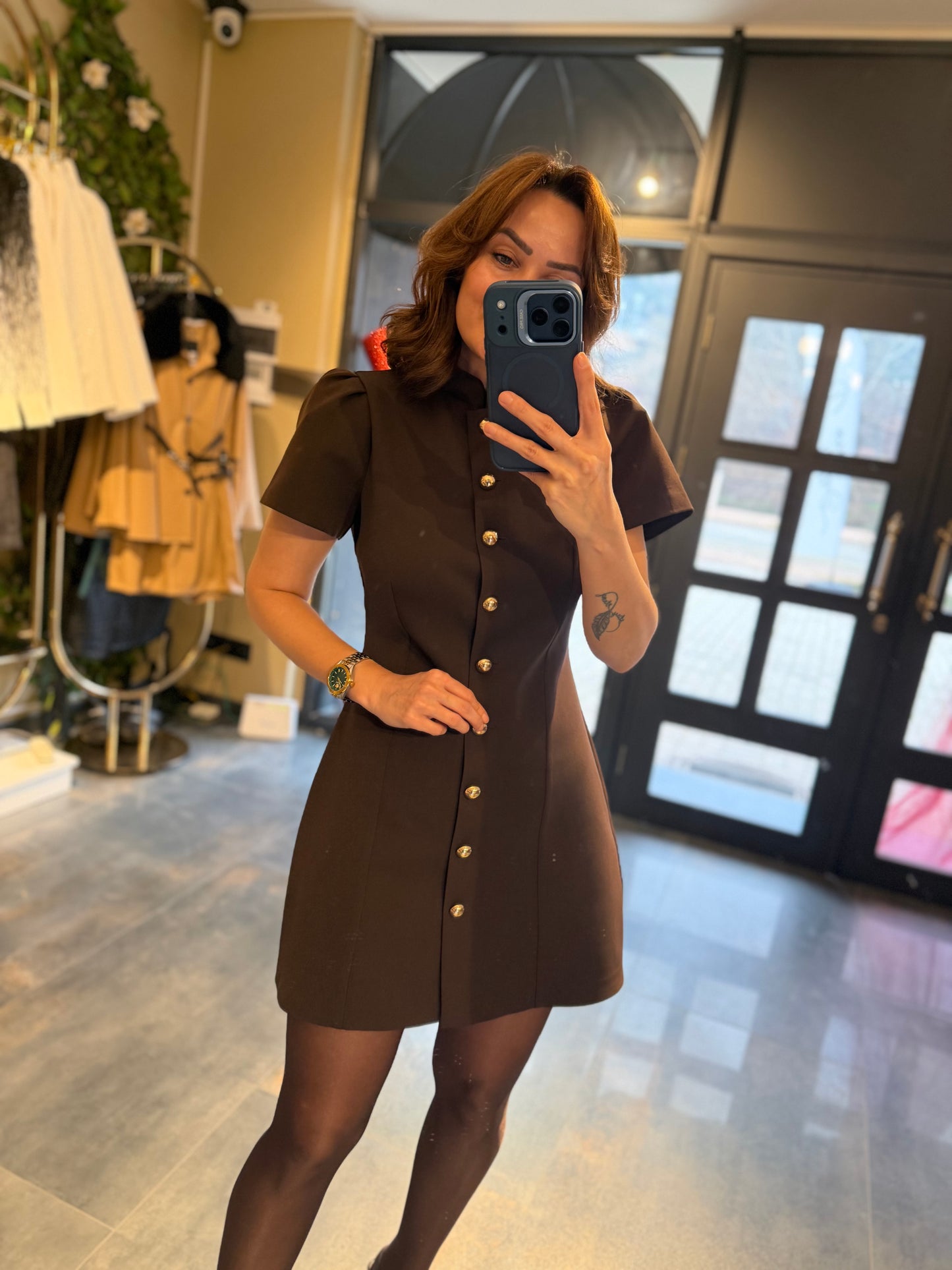 Mosss Kahve /Gold Düğmeli Elbise