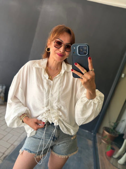 Büzgü Detaylı Krinkıl Beyaz Gömlek