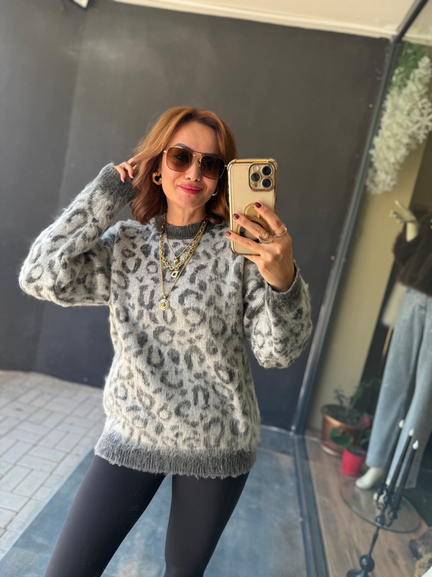 Ozi Gri Leopar Kaşmir Kazak