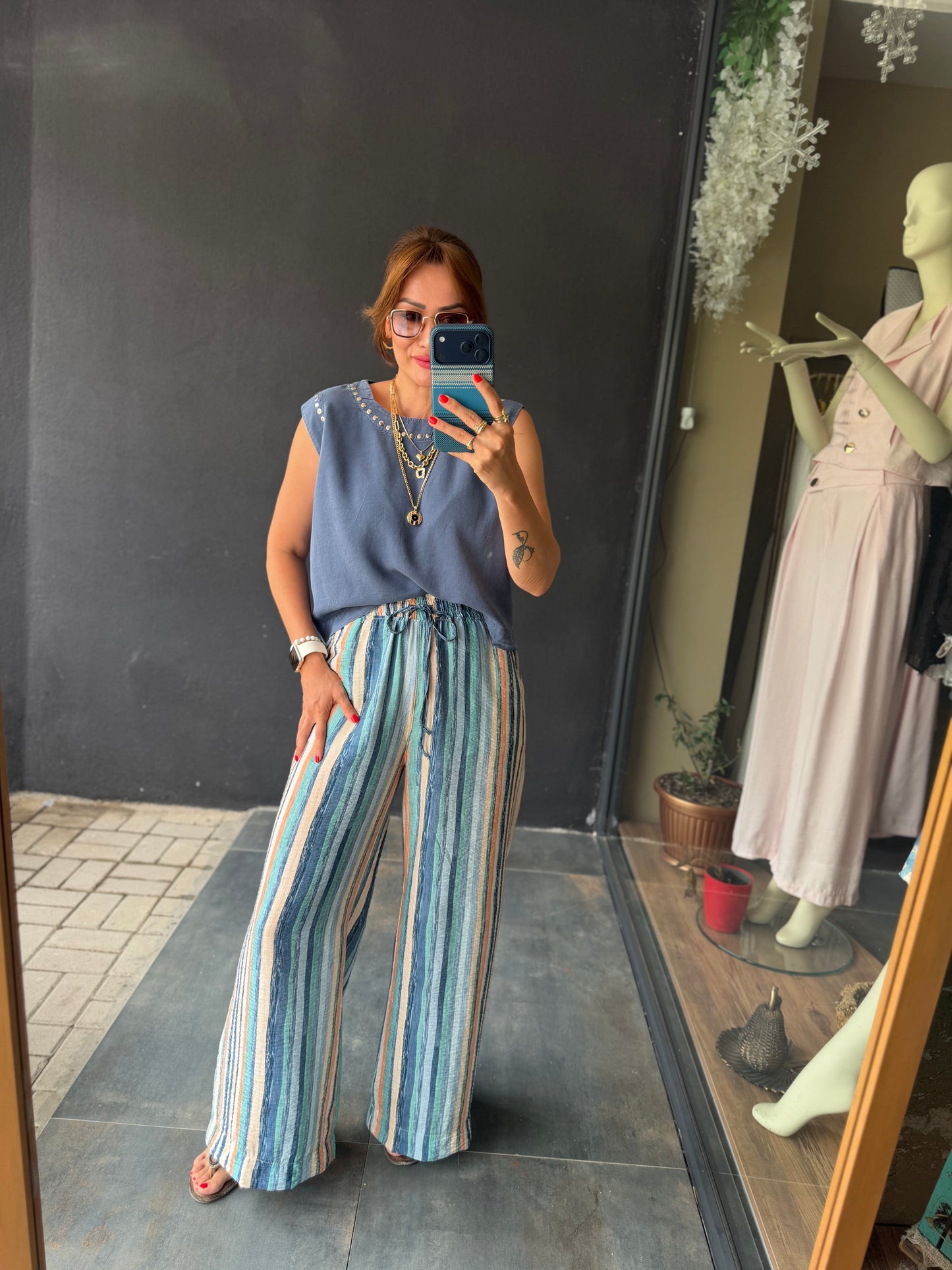 Sahara Mavi Çizgili Bol Paça Pantolon & Bluz Takım