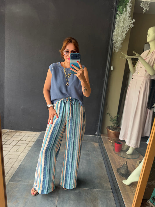 Sahara Mavi Çizgili Bol Paça Pantolon & Bluz Takım