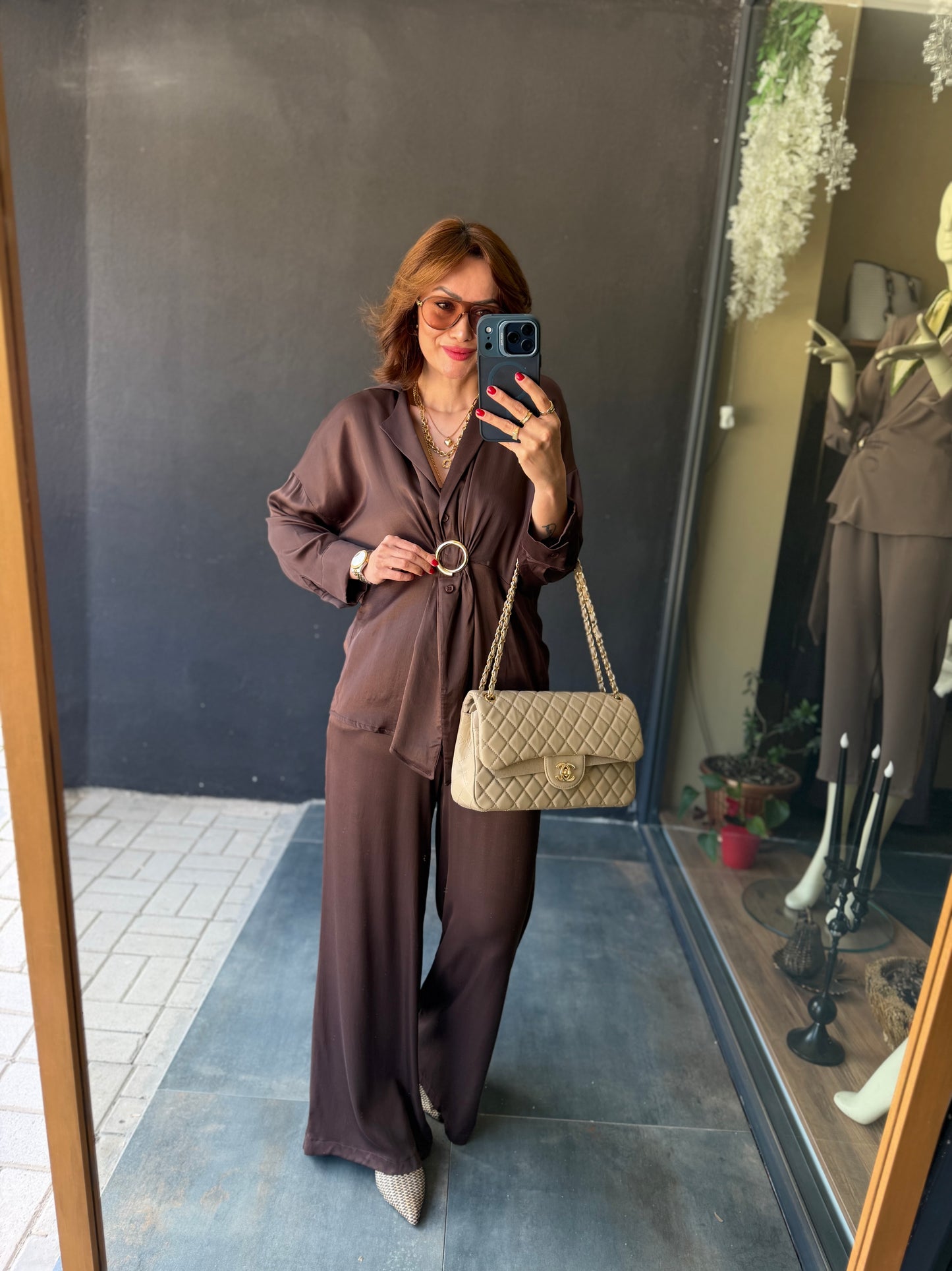 Lost Kahve Pamuklu Saten Broşlu Takım