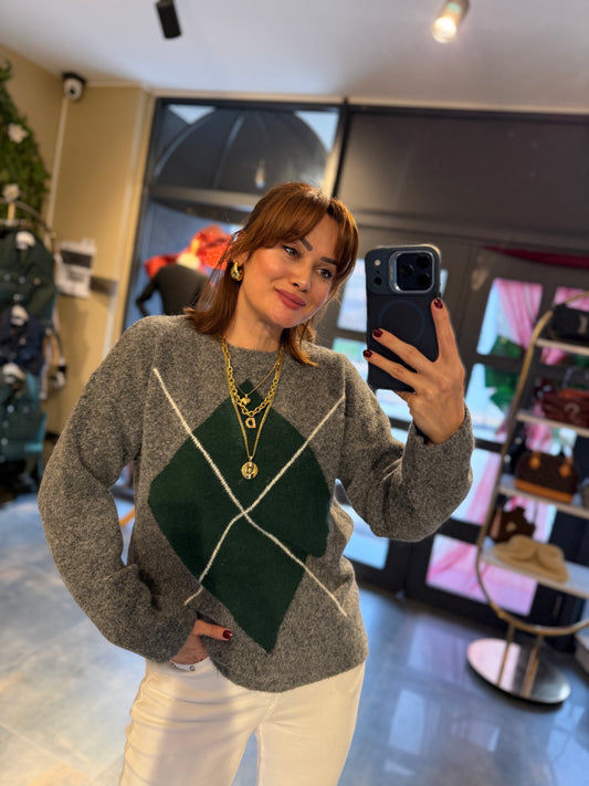 Lucente Gri Baklava Desen Kazak