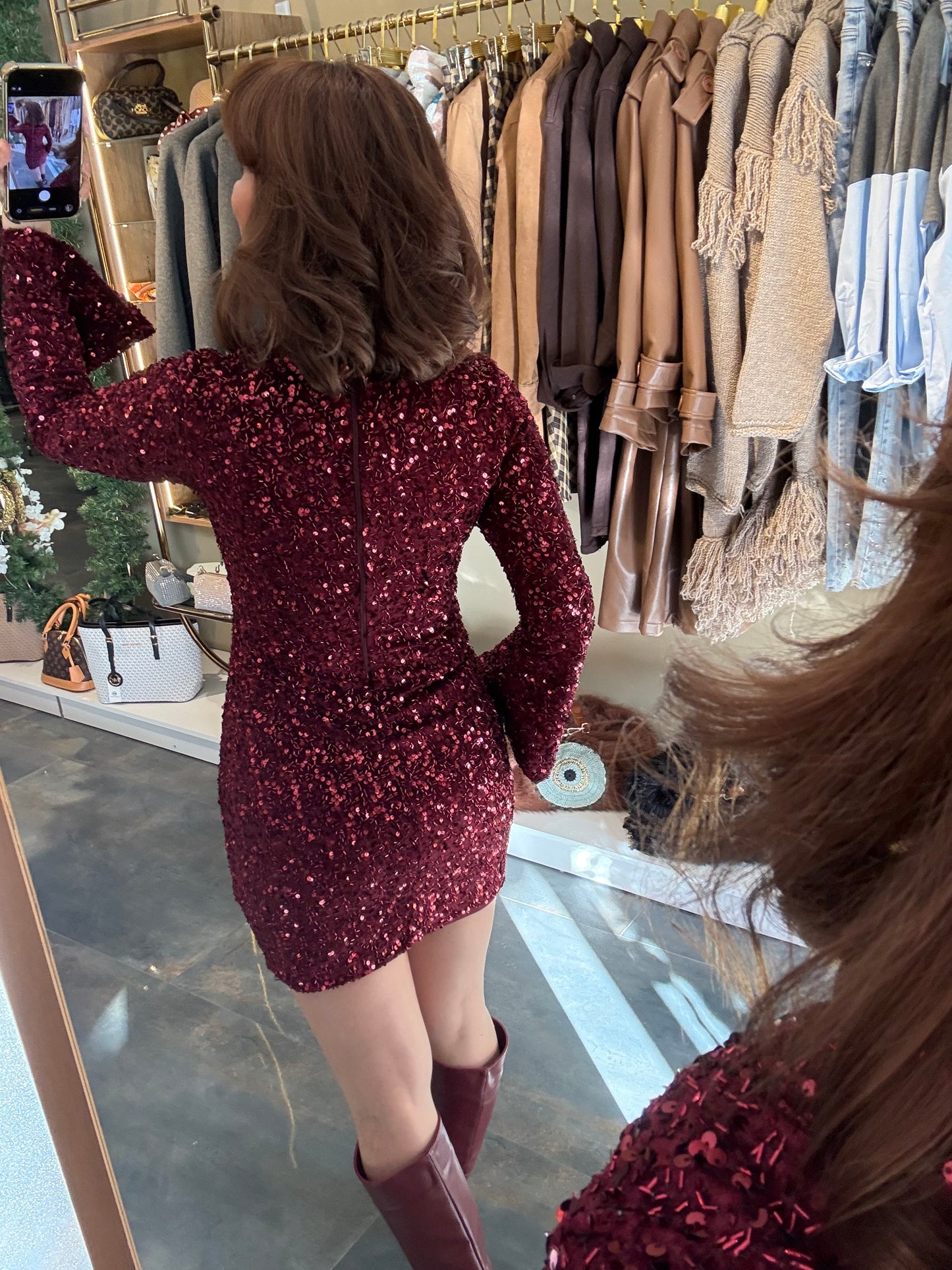 Nira İspanyol Kol Pullu Bordo Elbise