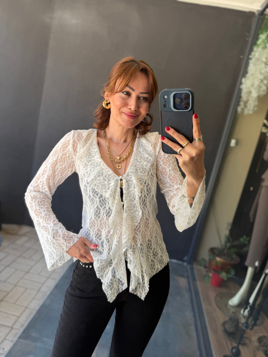 Simon Beyaz Güpür Bluz