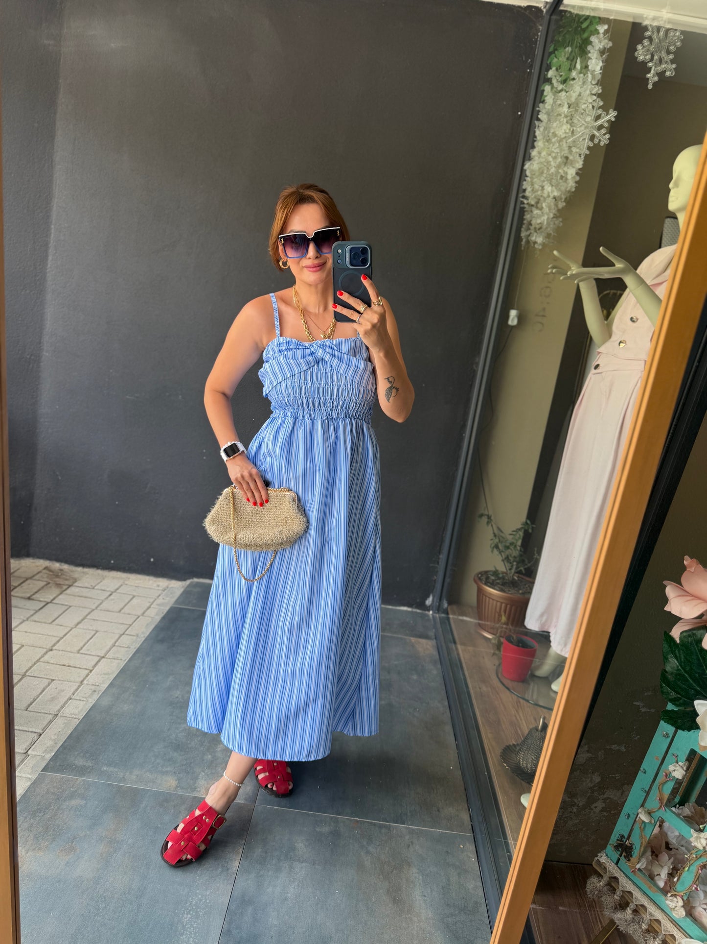 Santorini Çizgili Pamuklu Midi Elbise