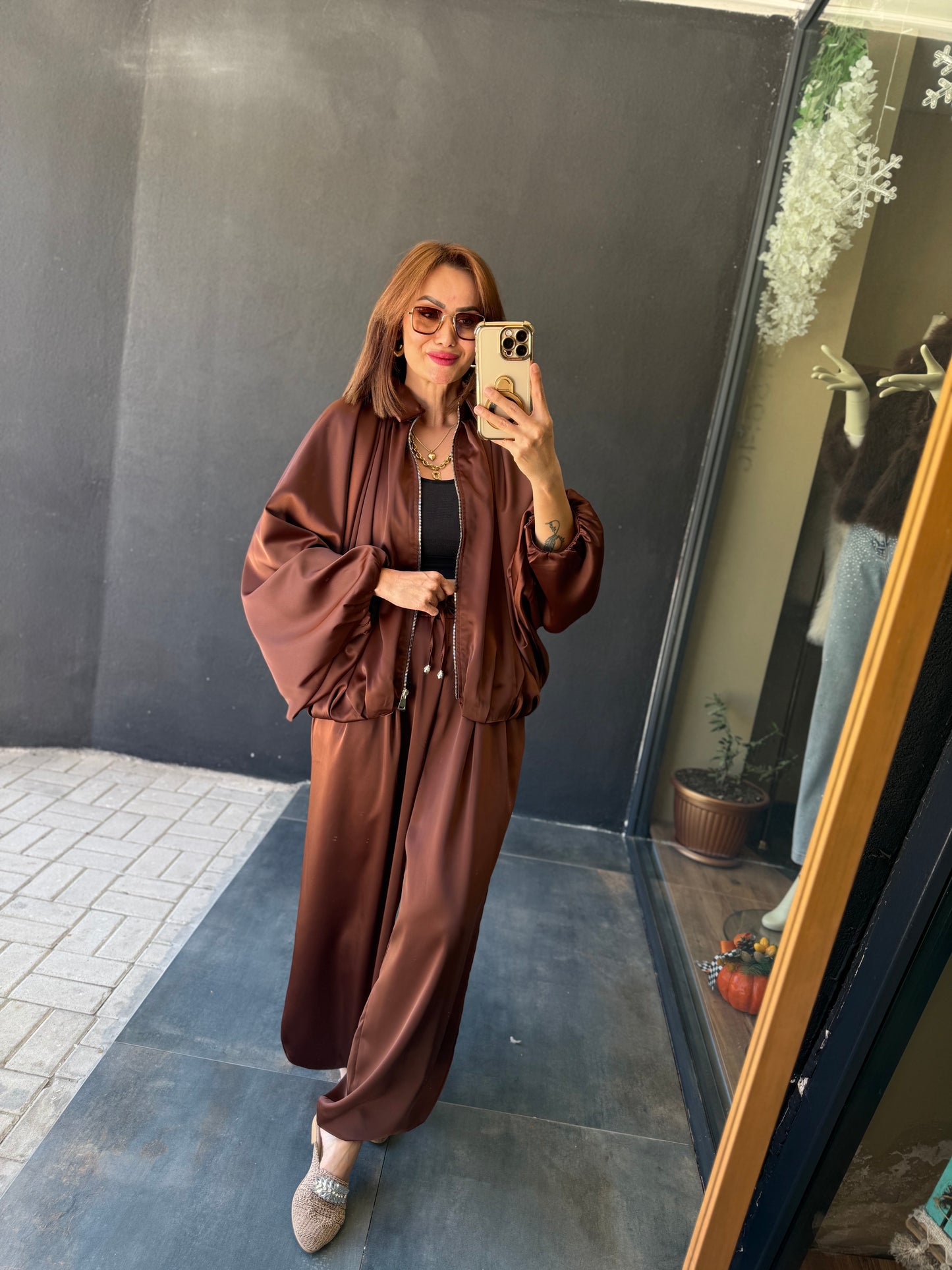 Cardinal Kahve Saten Bomber Takım