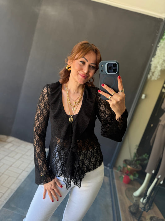 Simon Siyah Güpür Bluz