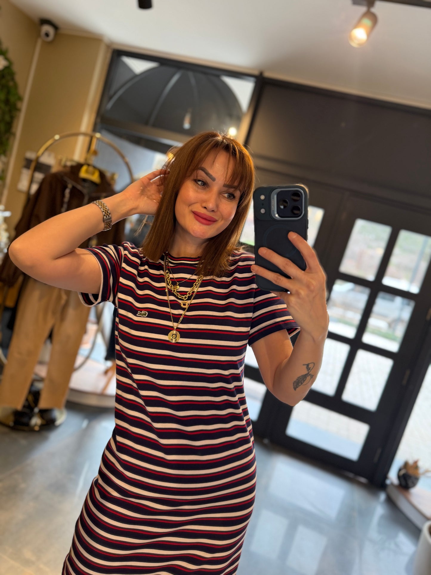 Oste Bordo Çizgili Elbise