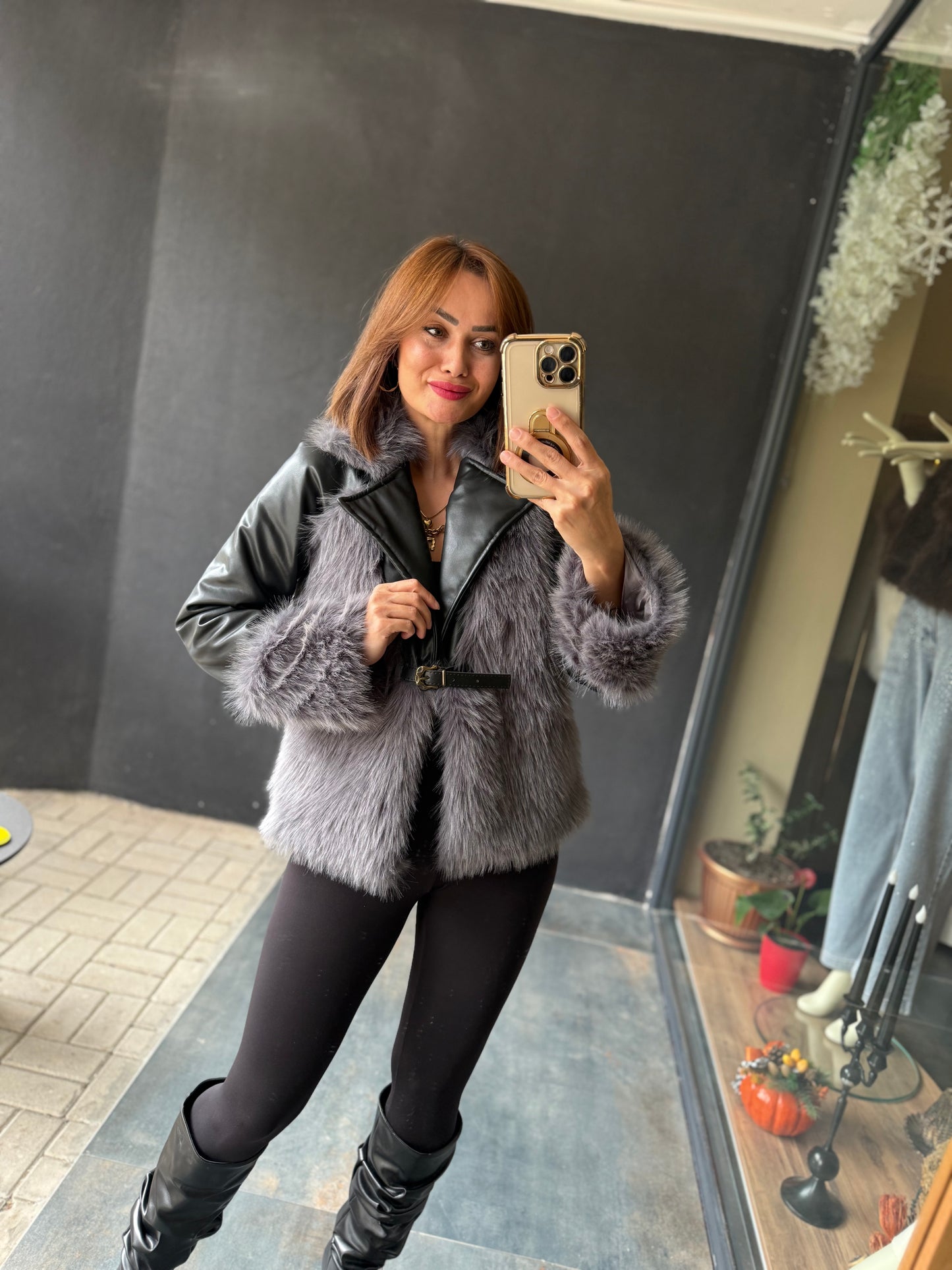 Deer Siyah Deri & Kürk Ceket