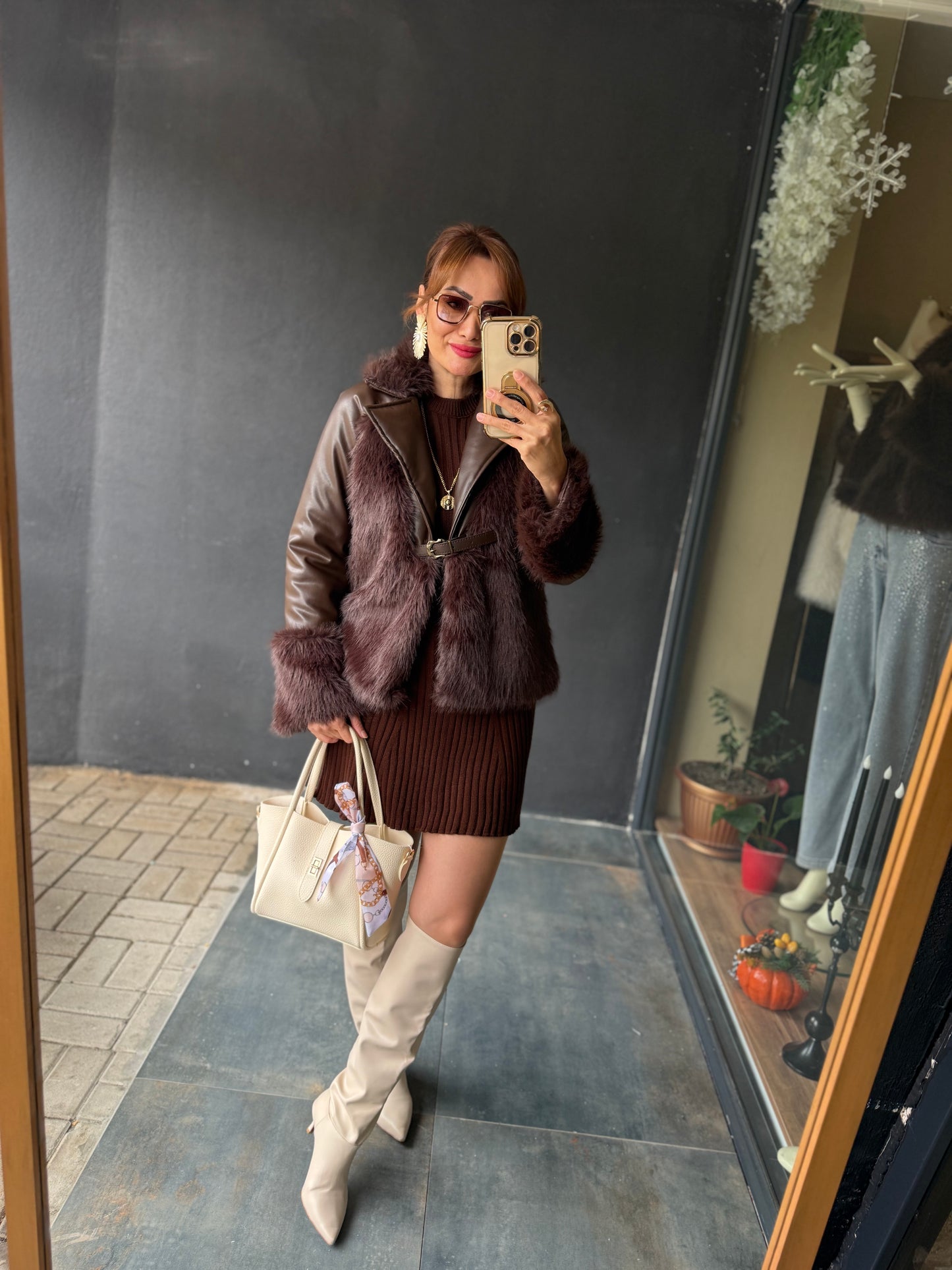 Deer Acı Kahve Deri &Kürk Ceket