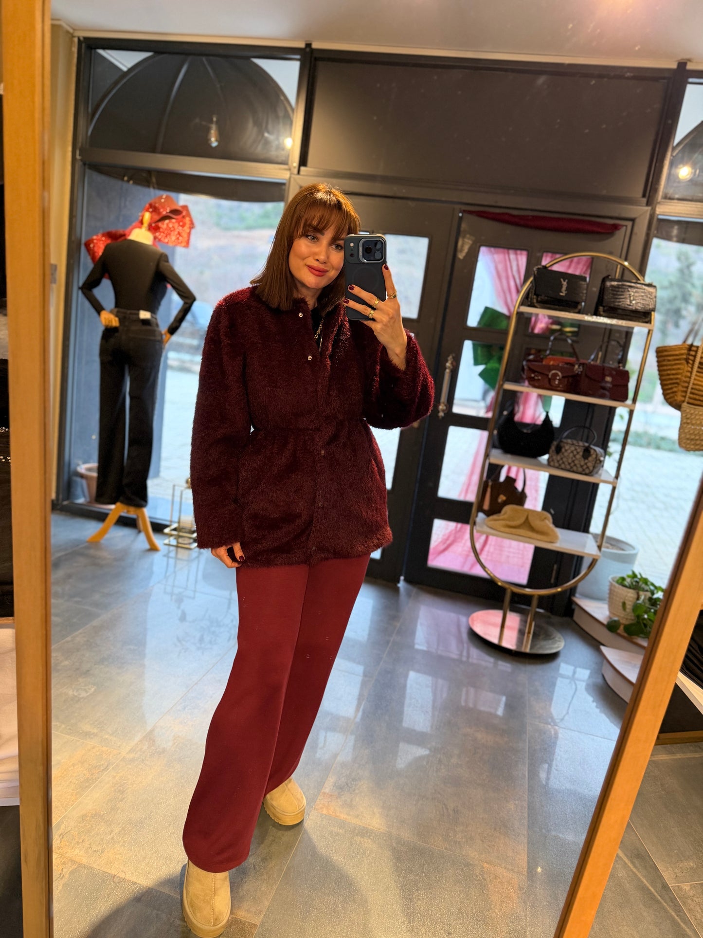 Alora Bordo Astarlı Kürk Mont