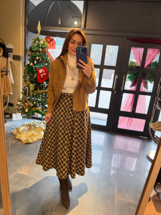 Cream 2 Kahve Midi Kareli Etek