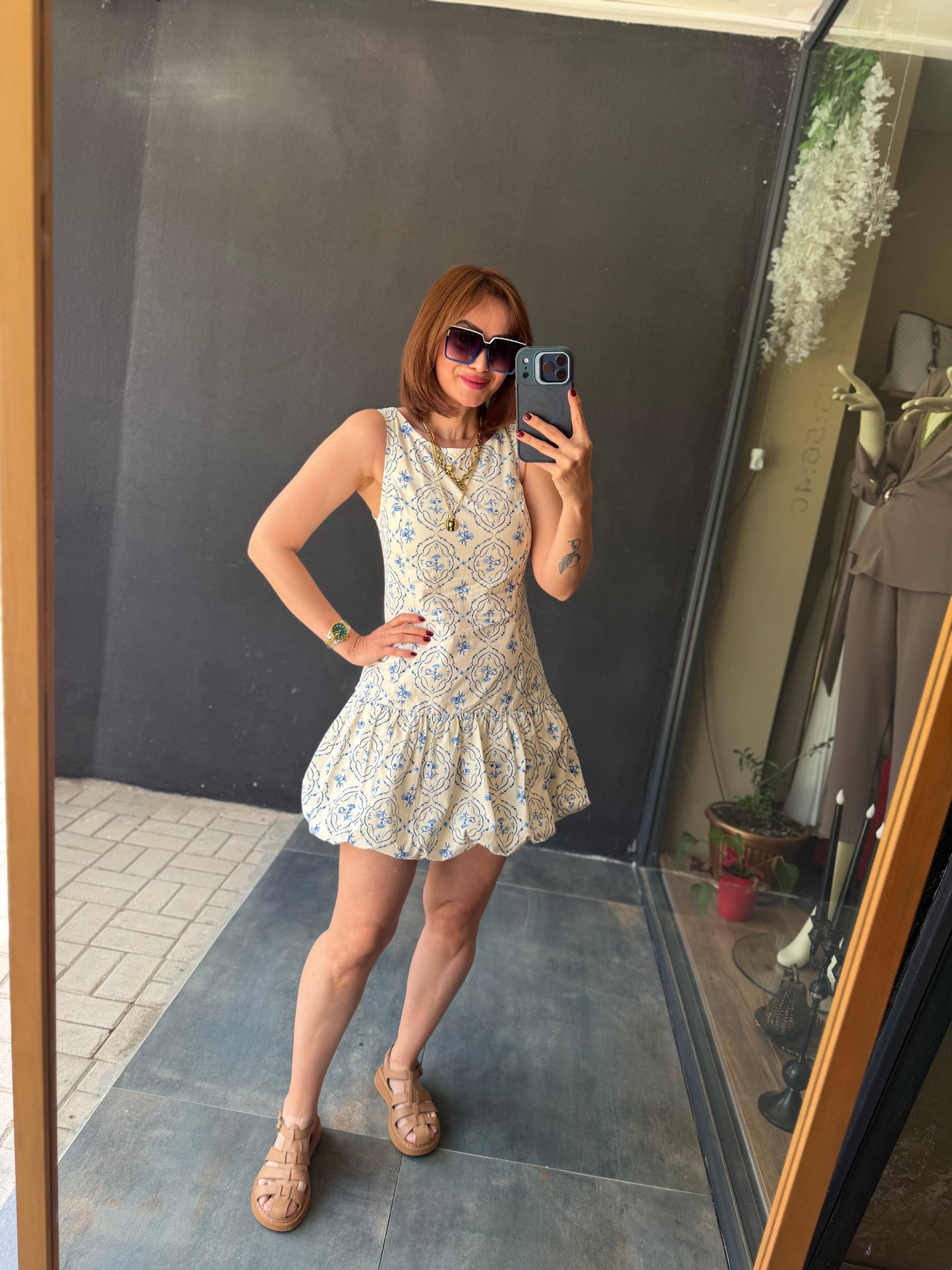 Girl Mavi Desenli Balon Elbise
