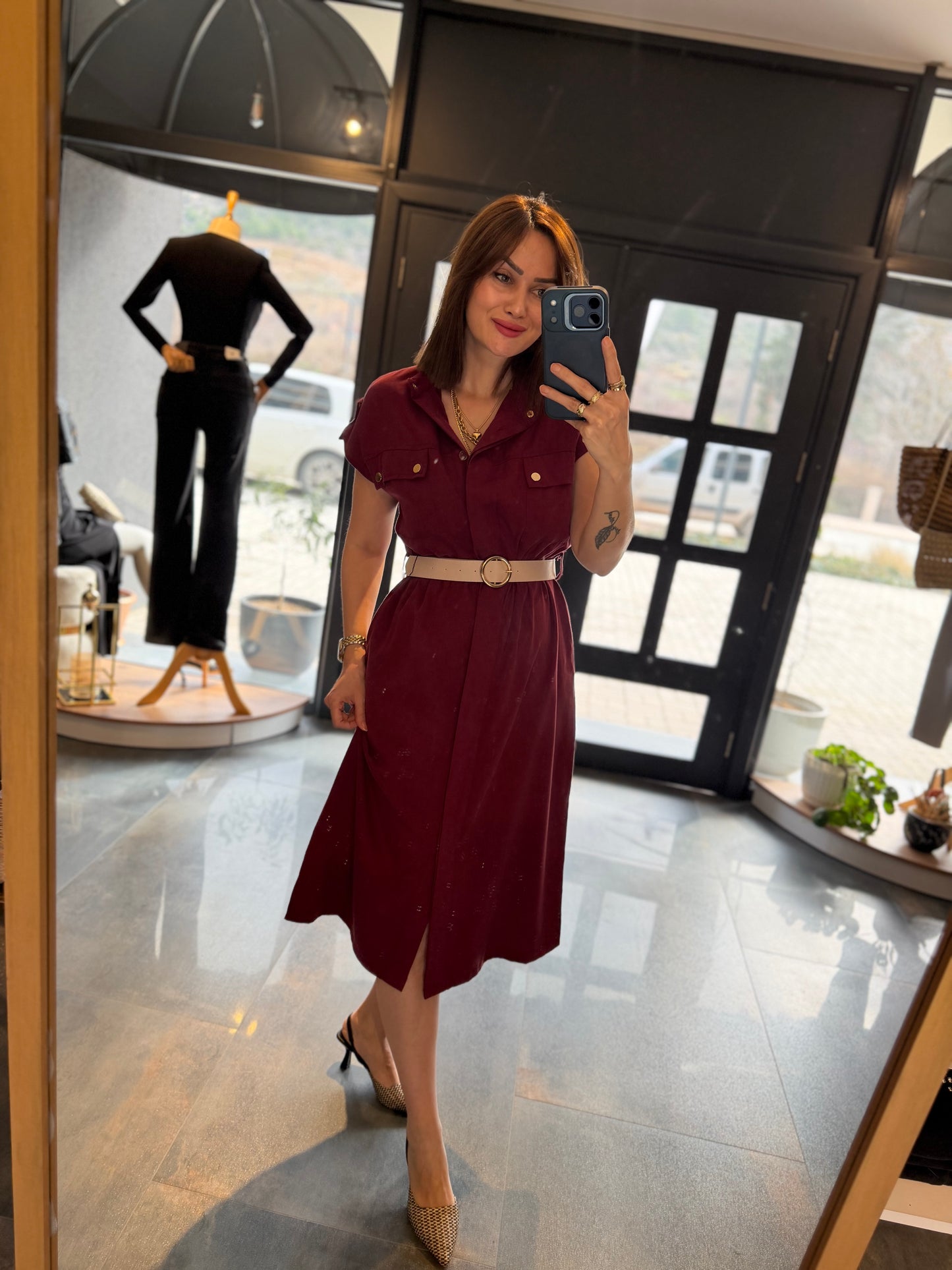 Farko Bordo Pamuklu Midi Boy Elbise