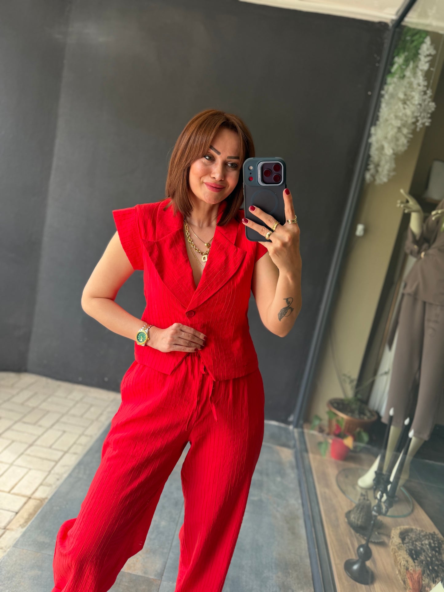 Jena Kırmızı Yelek & Pantolon Takım