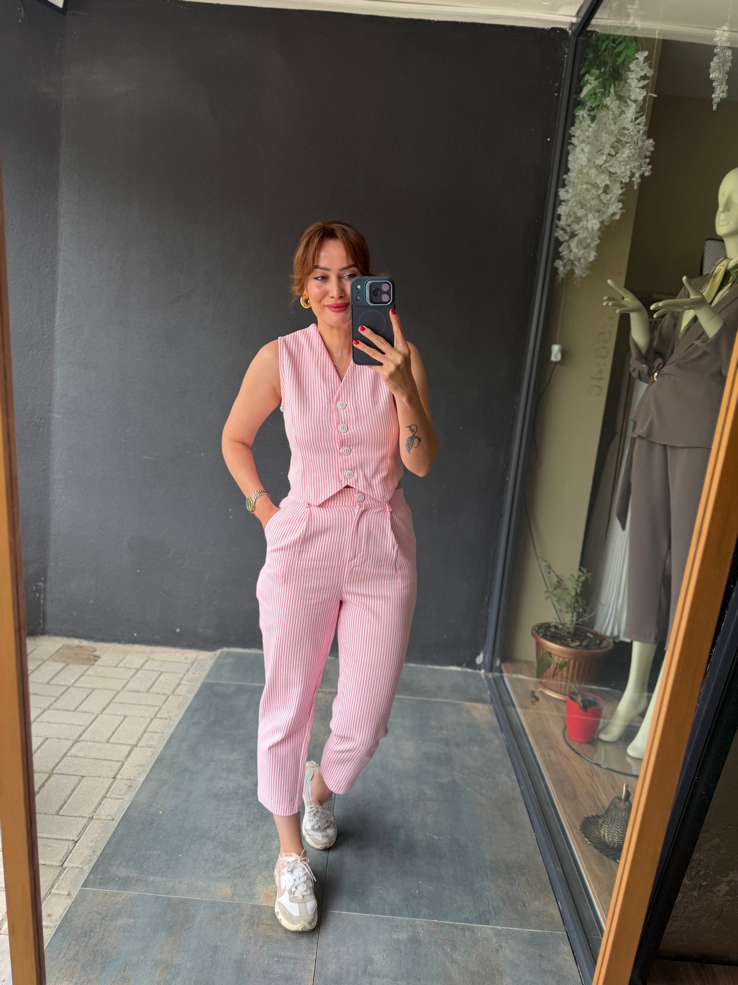 Çizgili Pembe Jean Keten Takım