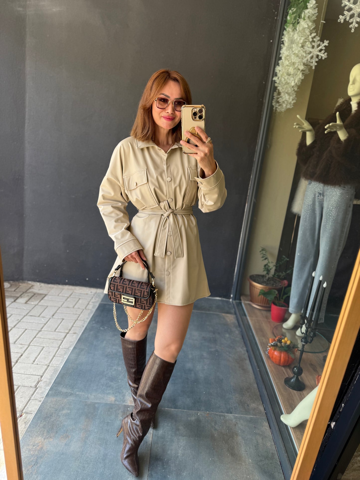 Prady Krem Deri Elbise &Tunik