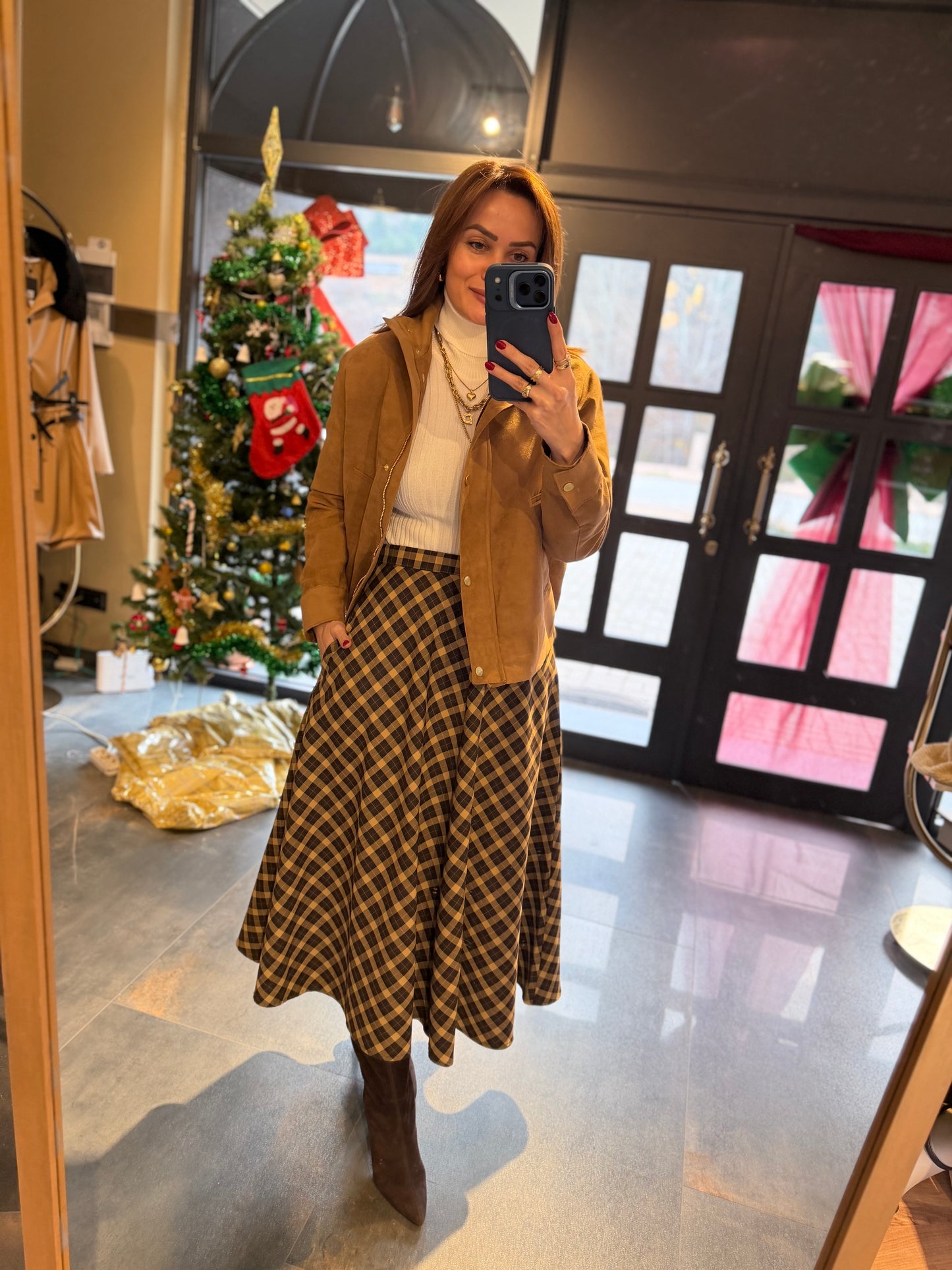 Cream 2 Kahve Midi Kareli Etek