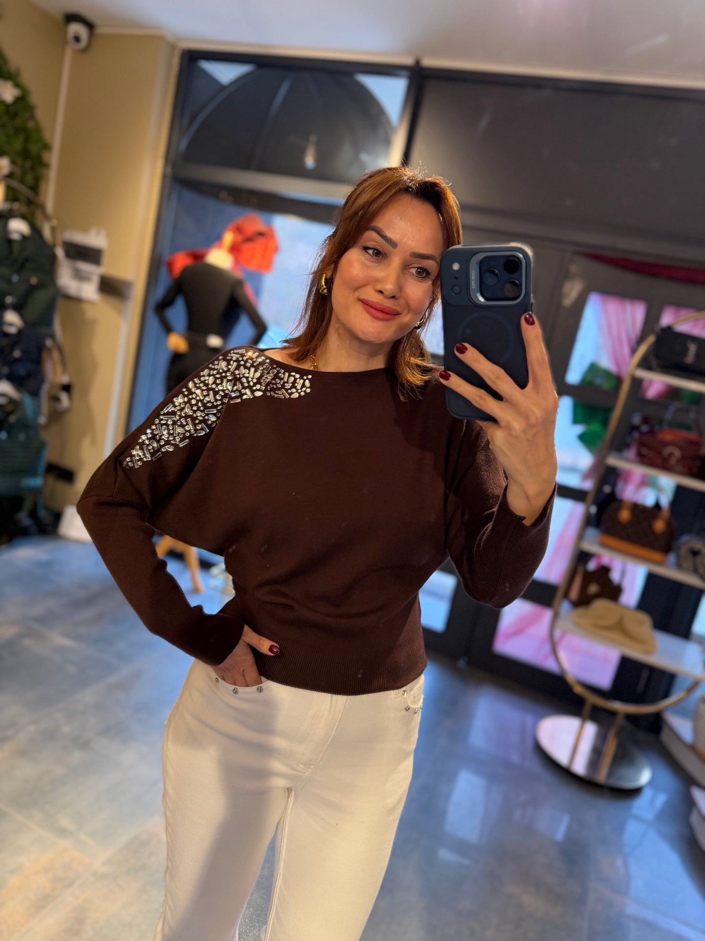Buruni Kahve Çelik Örme Bluz