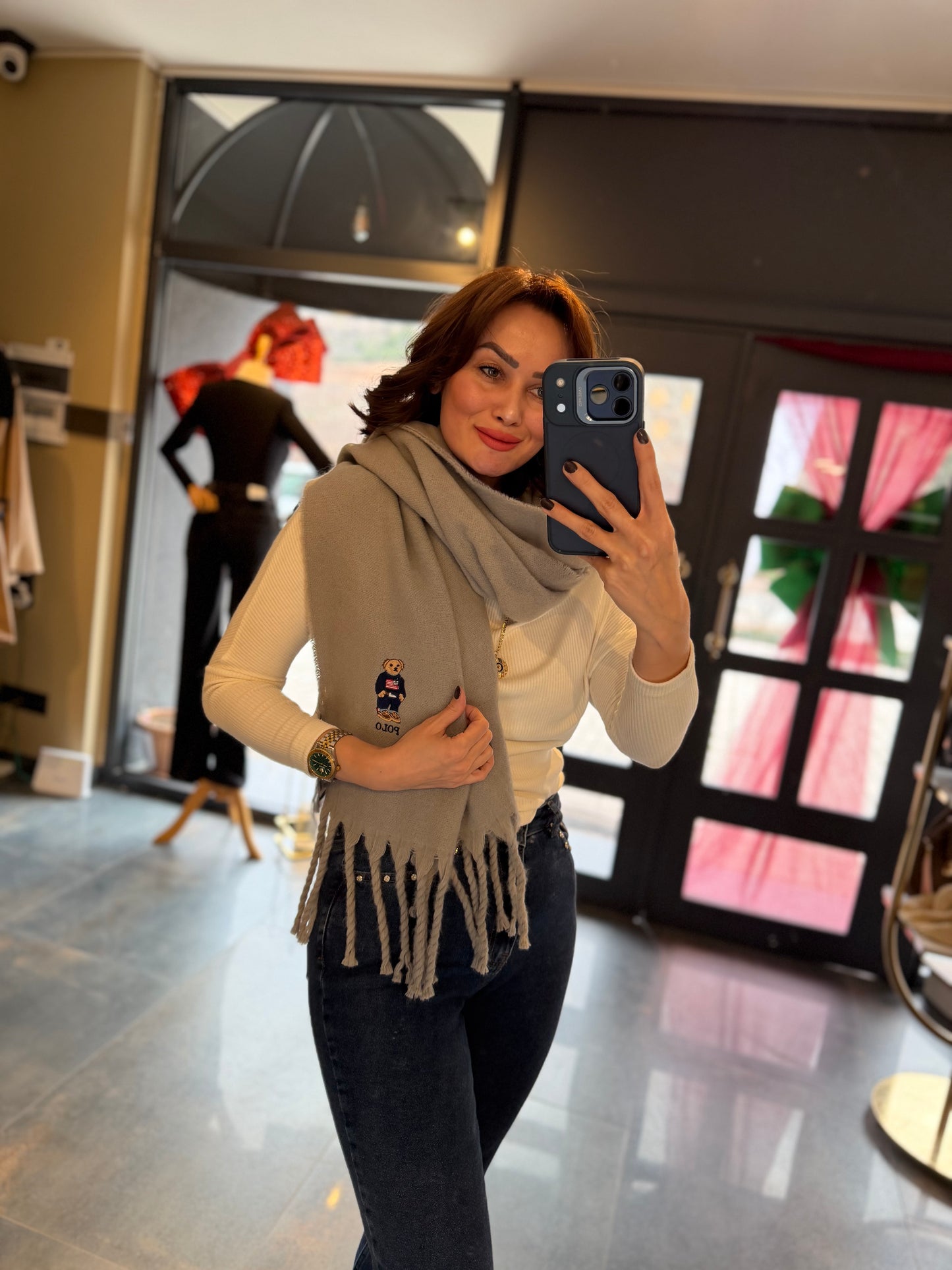 Gustor Açık Gri Peluş Atkı