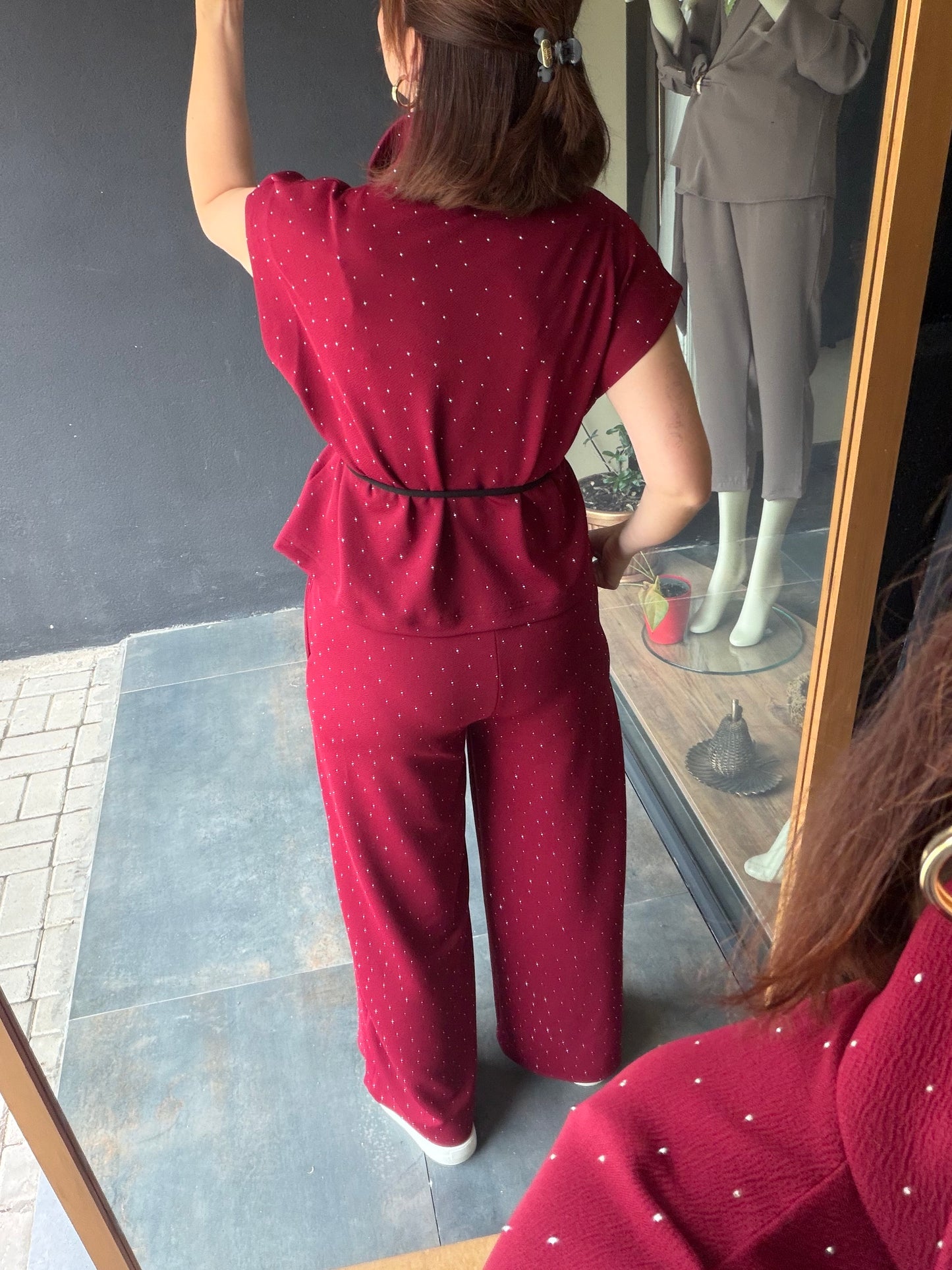 Bordo Taş Detaylı Fermuarlı Takım
