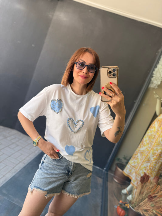 Bısou Mavi Kalp Desenli T-Shirt