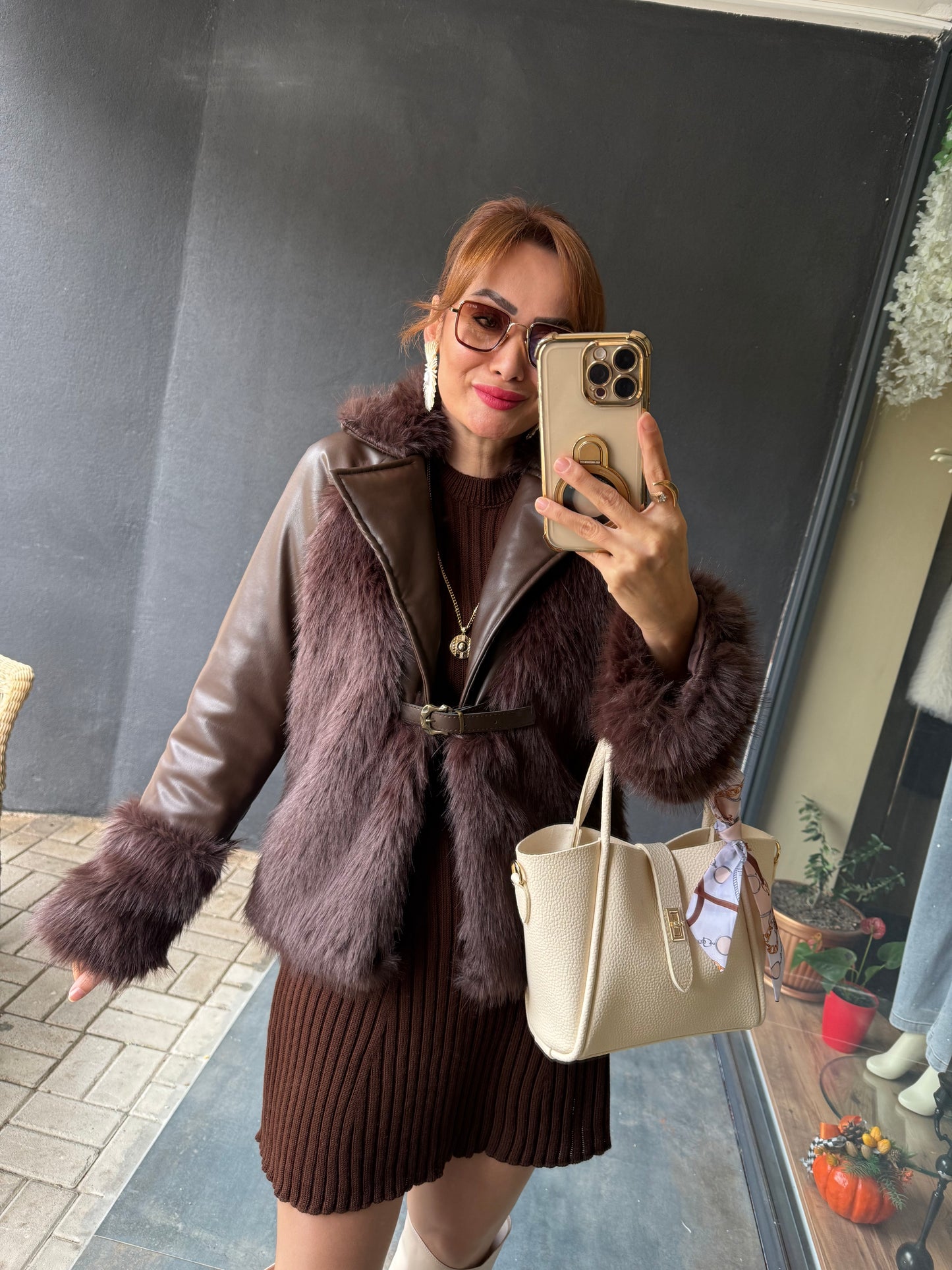 Deer Acı Kahve Deri &Kürk Ceket