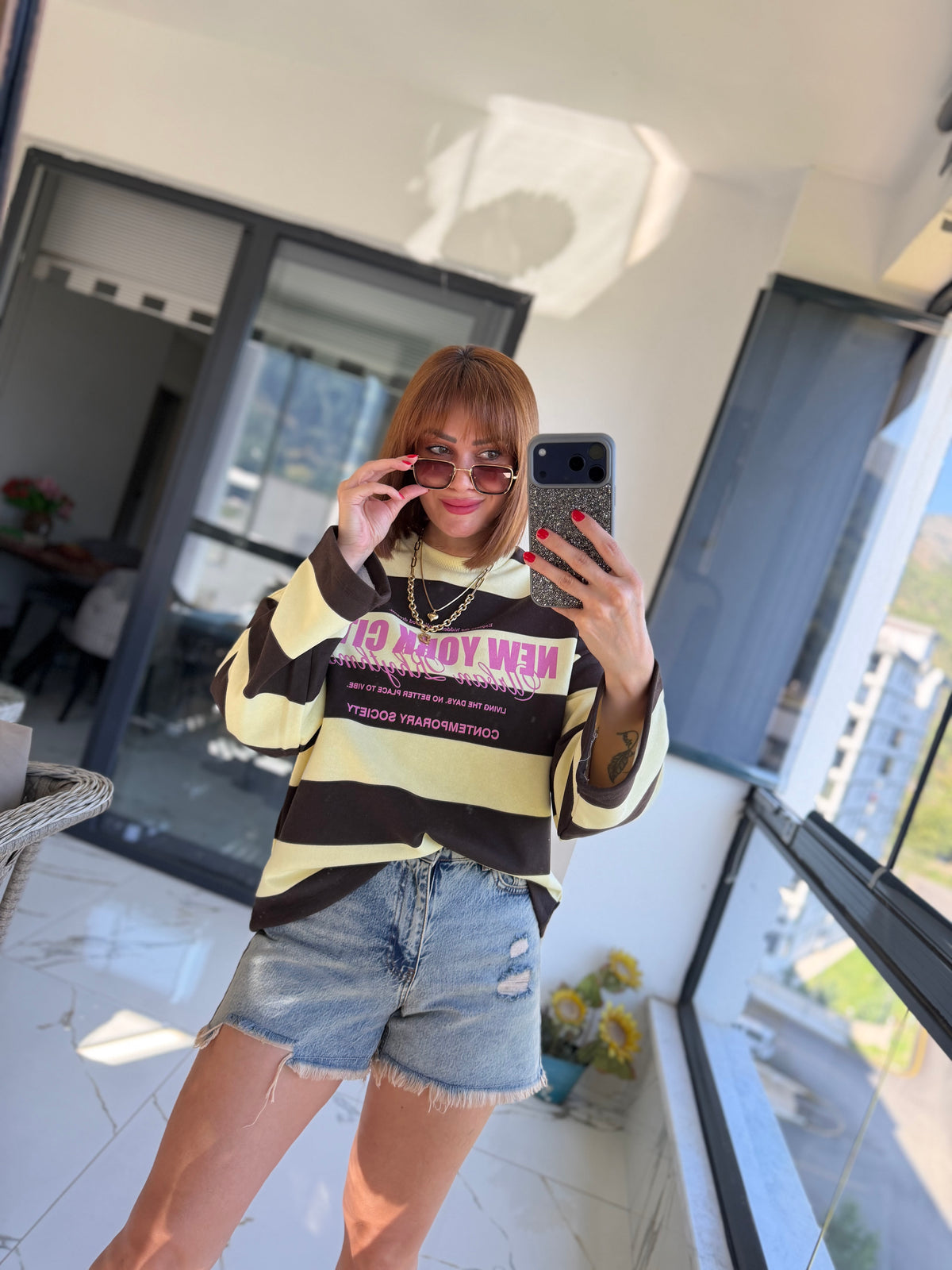 Firesh Kahve Çizgili Basic Sweat