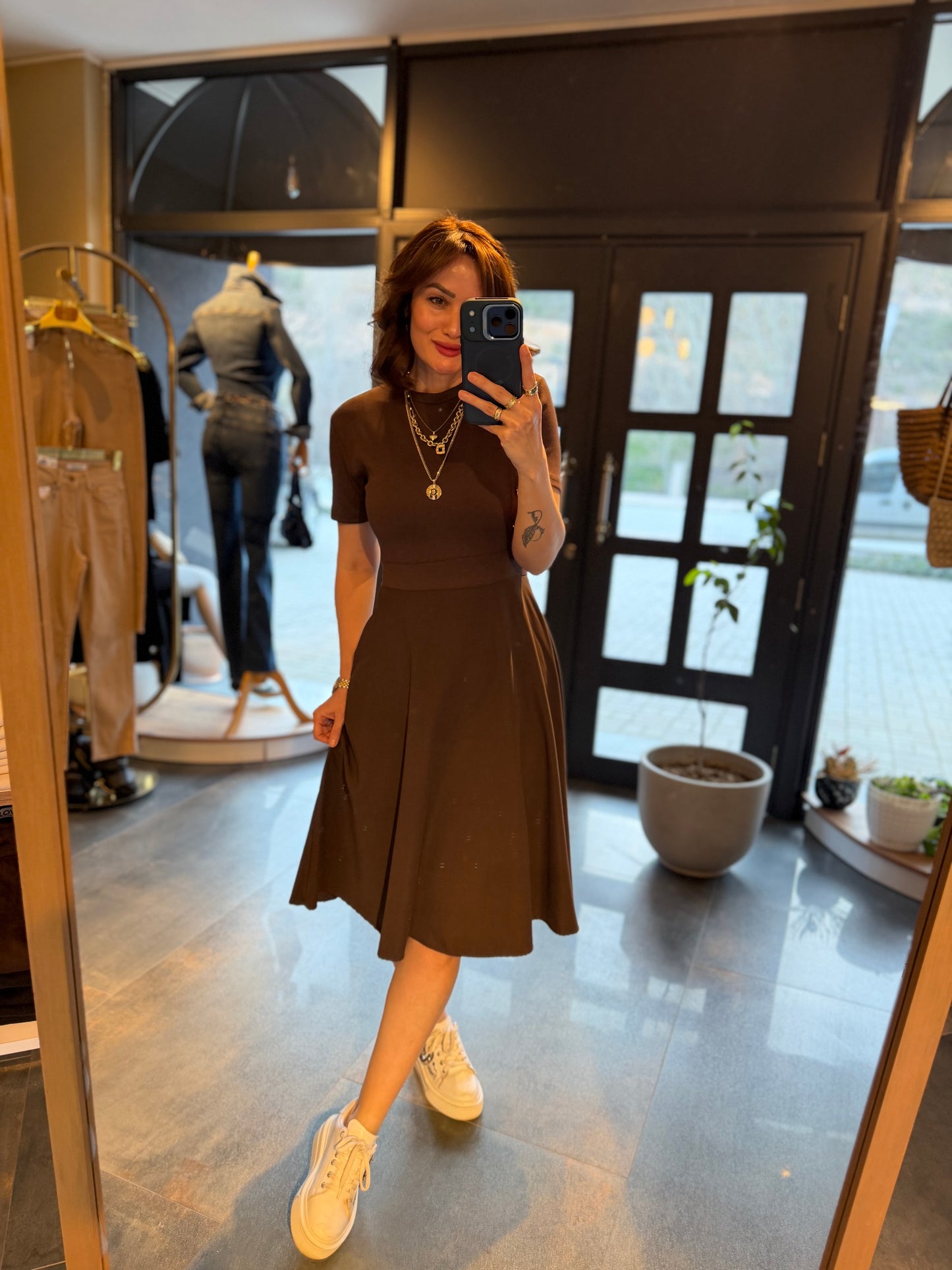 Rona Kahve Midi Elbise